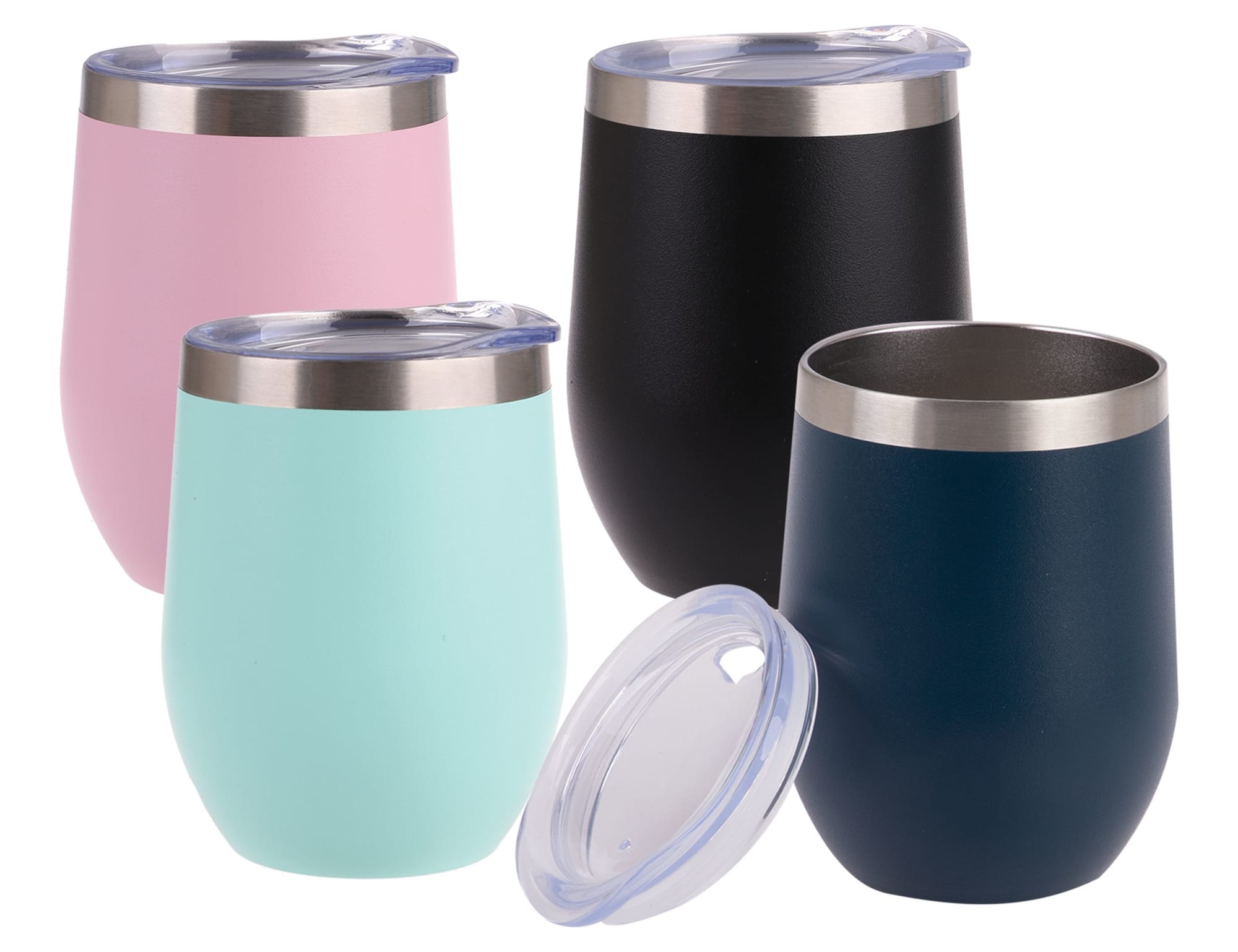 A drink bottle featuring four vacuum wine tumblers in pink, black, mint green, and dark blue, each with a lid. Oasis 330ml Vacuum Wine Tumbler - Image 1