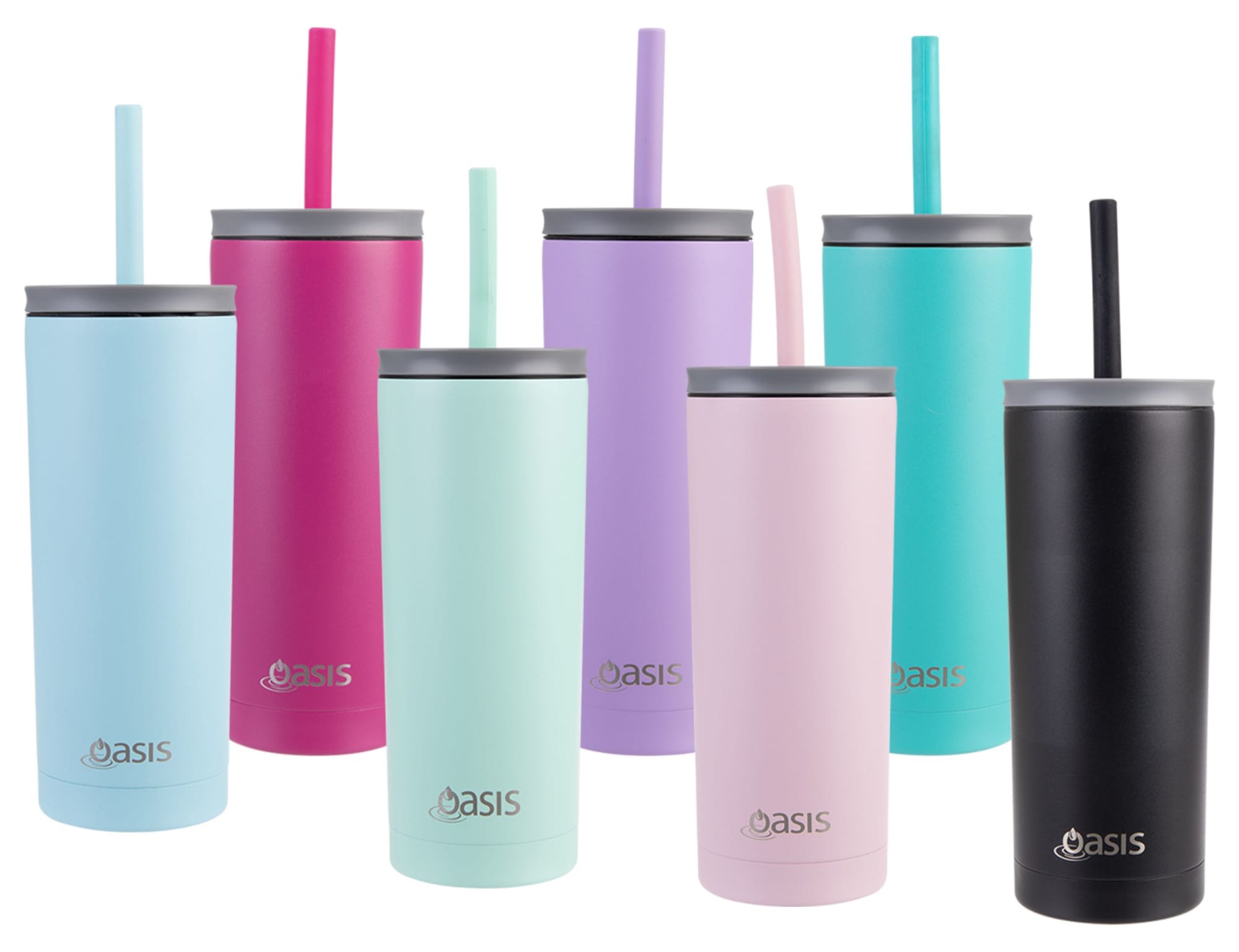 A drink bottle collection featuring eight vacuum tumblers in various pastel colours including blue, pink, green, and black, with straws. Oasis Super Sipper 600ml Vacuum Tumbler - Image 1