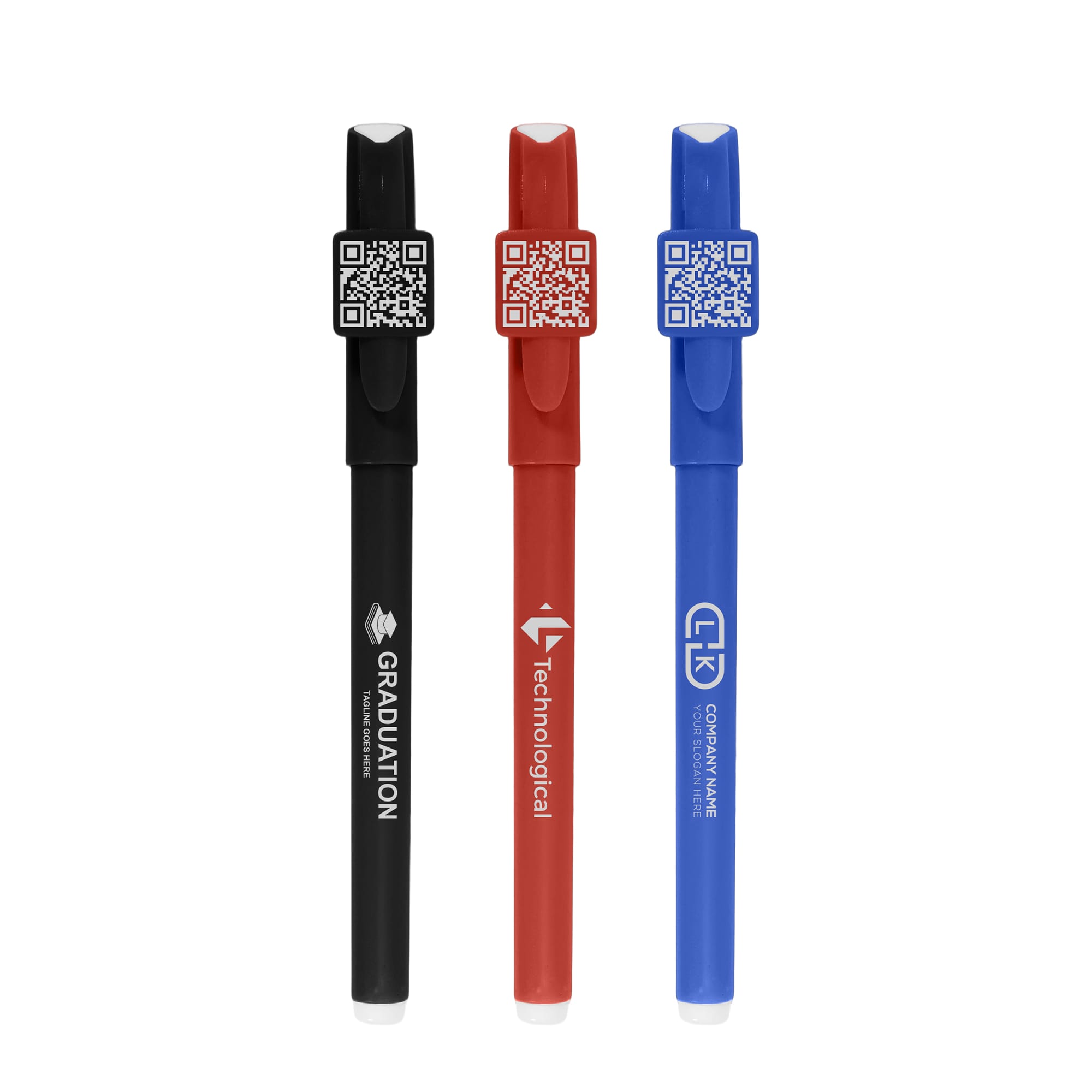 Three pens in black, red, and blue, each featuring a QR code and a design element on the clip. QR Code Pen - Image 1