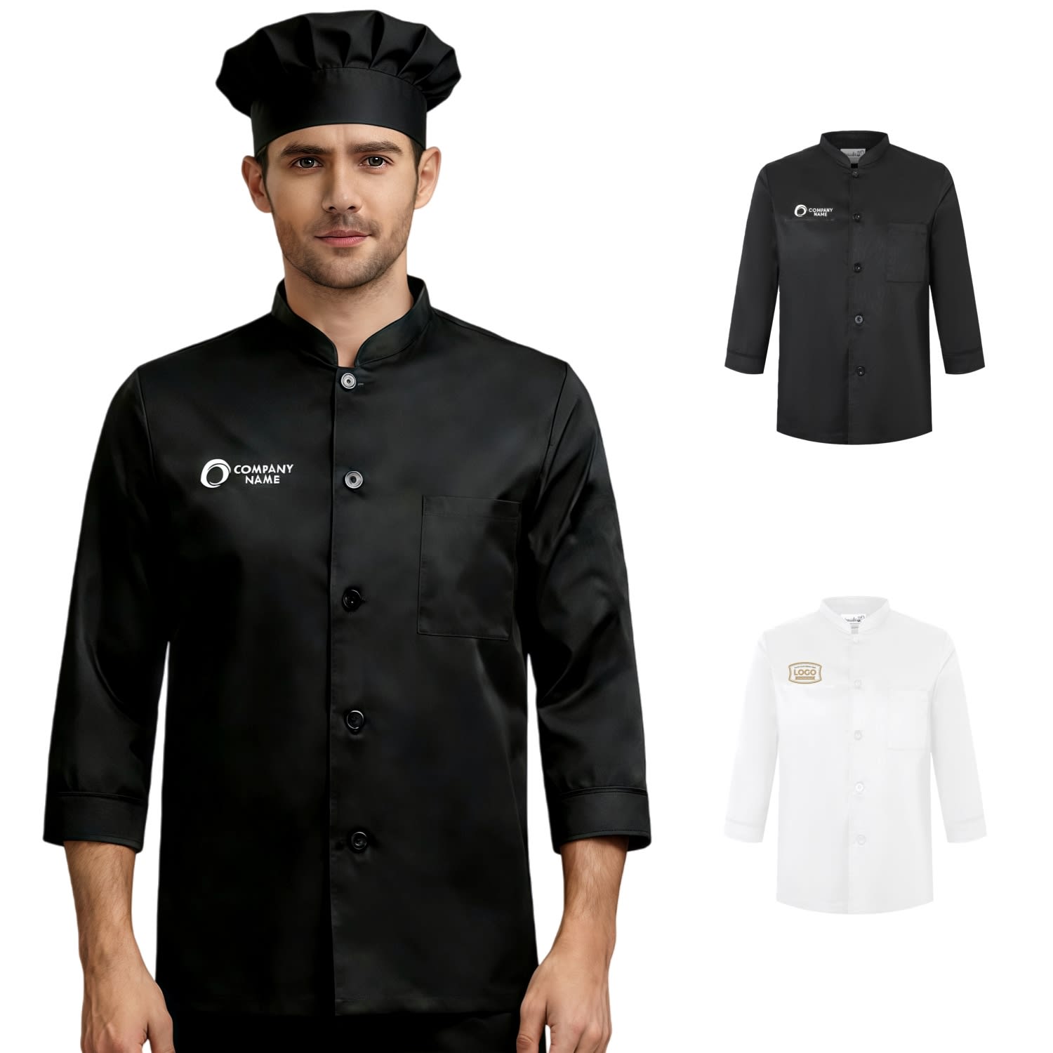 A black 3/4 sleeve chef jacket with a single breasted design and a matching chef hat, featuring a logo. Classic 3/4 Sleeves Single Breasted Chef Jacket - Image 1