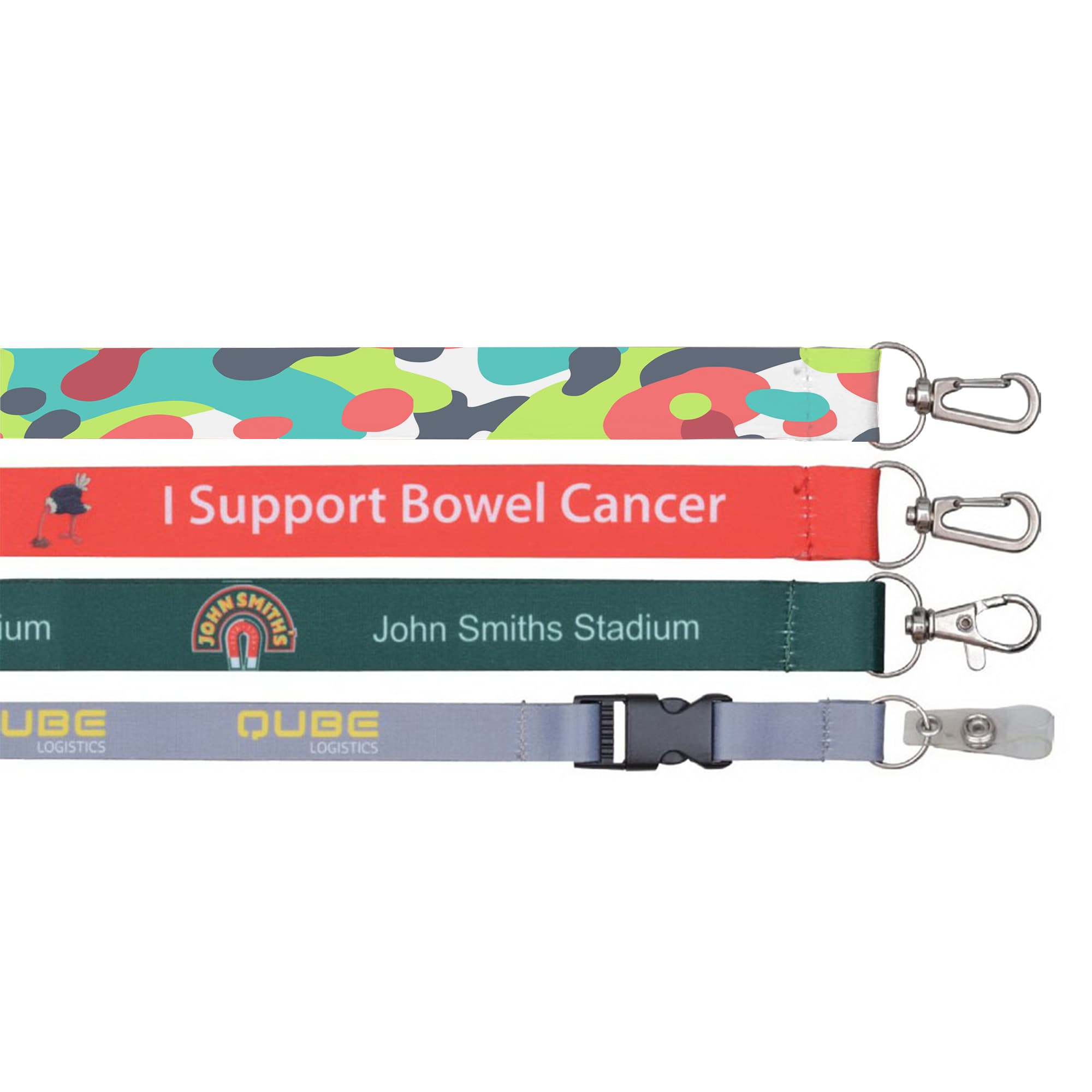 A collection of four sublimation lanyards in various designs and colours, featuring clips and a logo. Sublimation Lanyard - Image 1