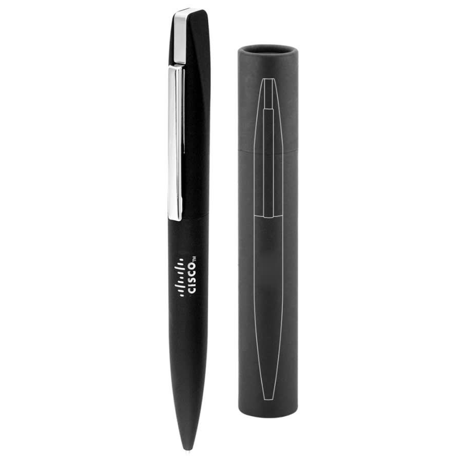 A black Slim Pen placed beside its matching black casing, featuring a silver clip and a logo. Slim Pen - Image 1