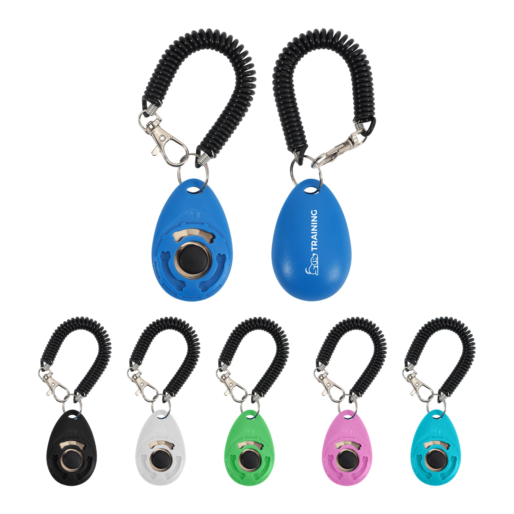 A training clicker in various colours including blue, black, white, green, and pink, with a coiled lanyard for attachment. Pet Training Clicker with Coiled Lanyard - Image 1