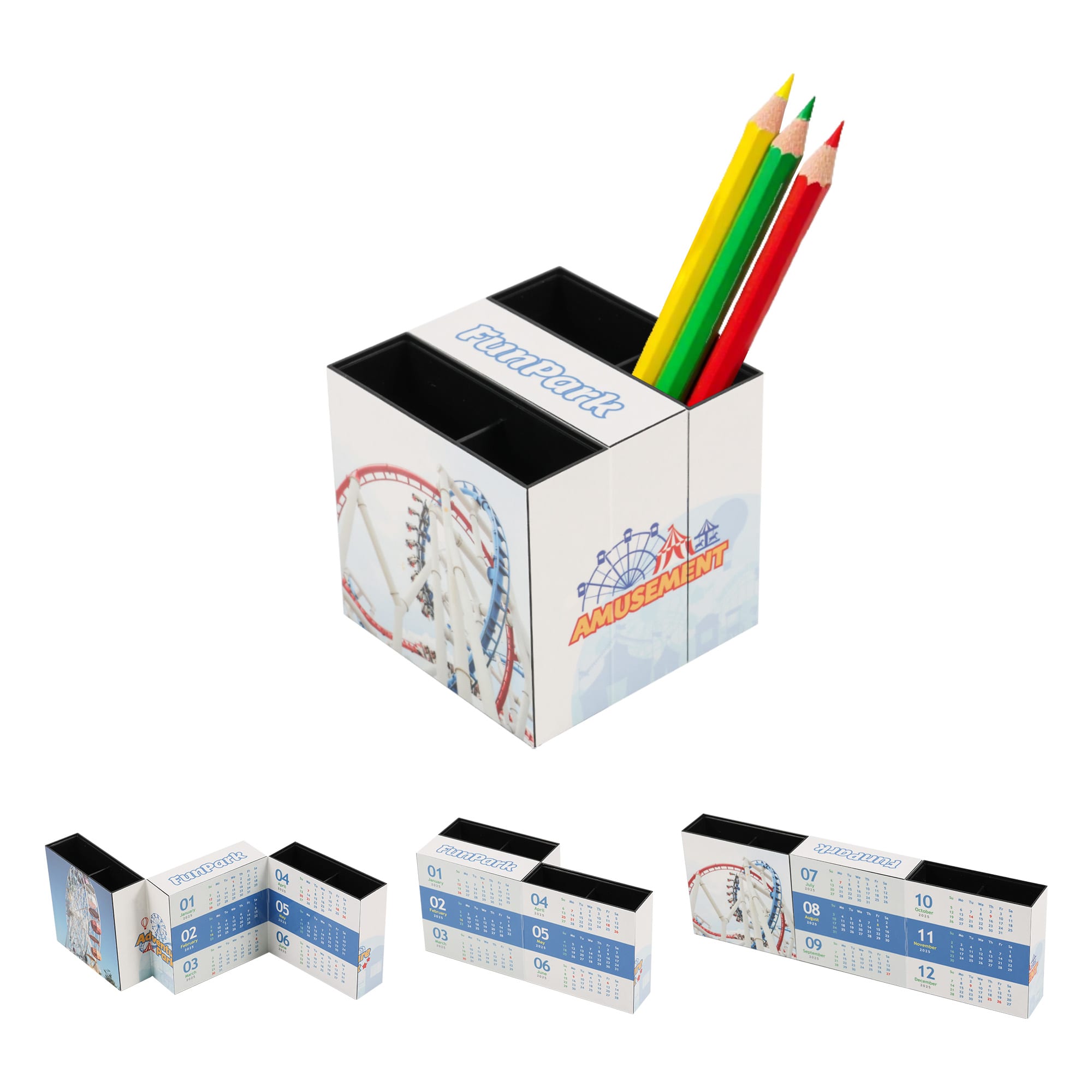 A three-panel foldable pen holder in white, featuring multiple compartments and colourful pencils inside. Three-panel Foldable Pen Holder - Image 1