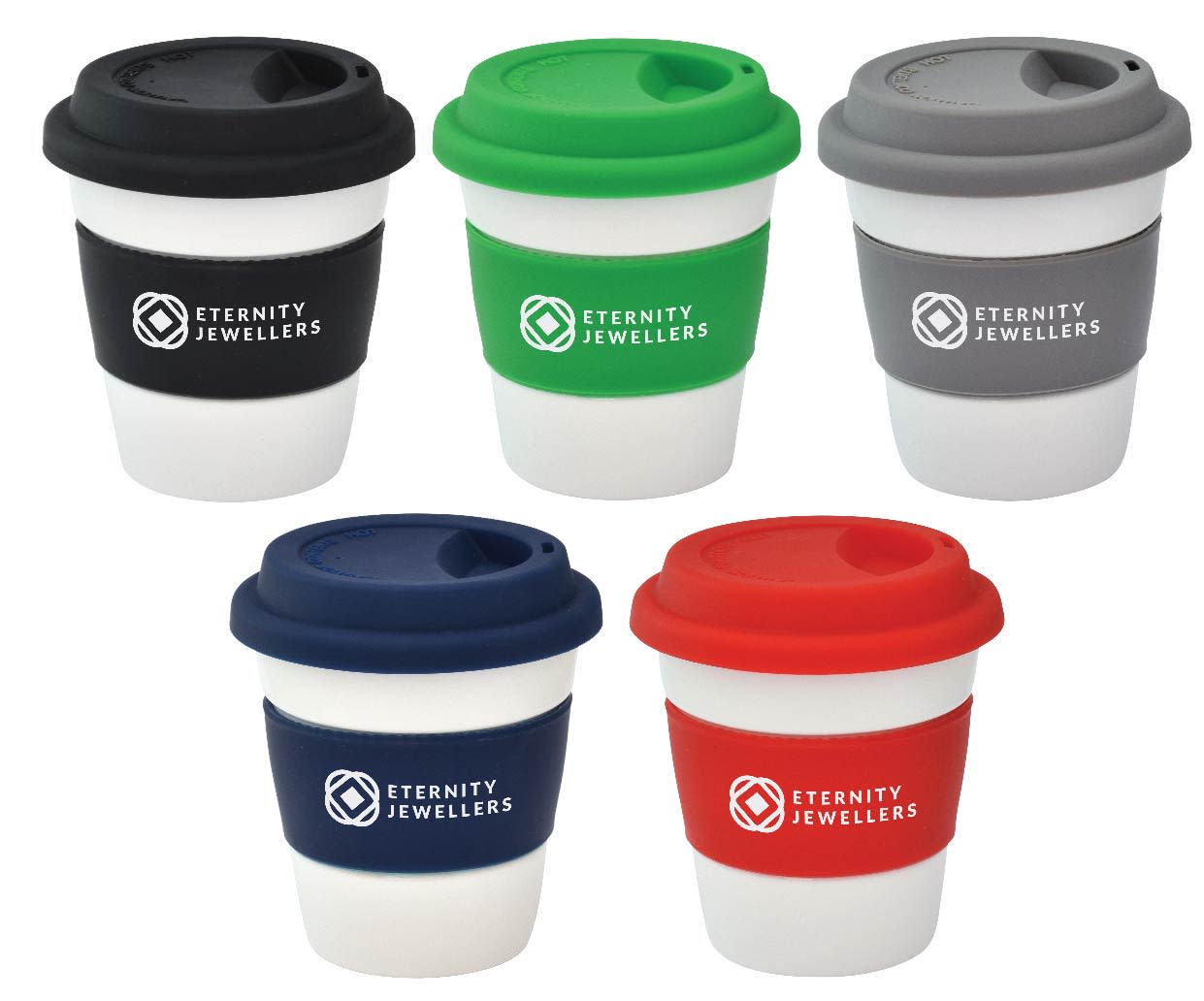 A set of five reusable ceramic mugs in navy, green, red, grey, and black, each with a matching silicone lid and branding. Java Ceramic Mug - Image 1