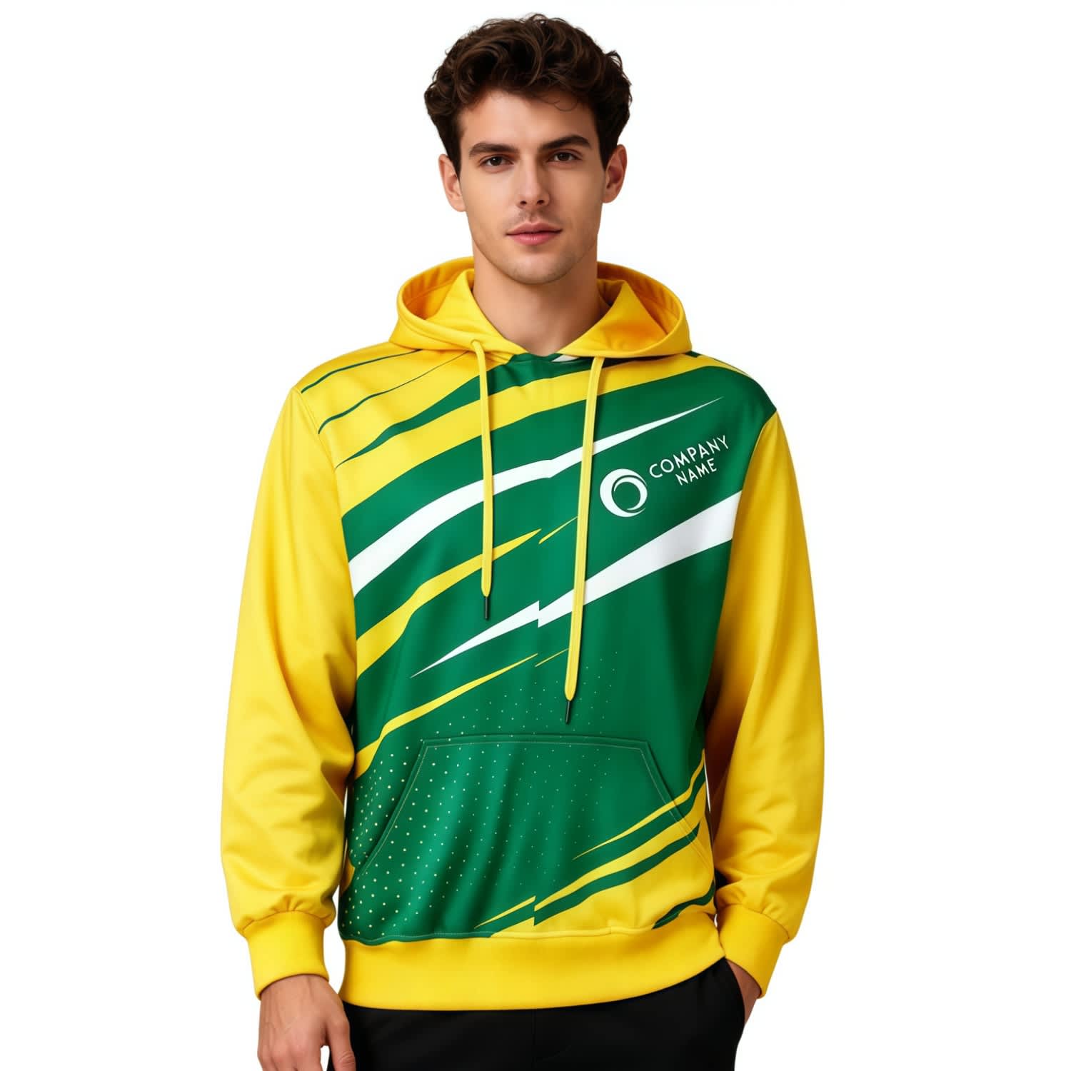 A unisex hoodie in yellow and green with a pocket and a logo, featuring a sublimated design. Unisex Adults Polyester Spandex Sublimated Hoodie With Pocket - Image 1