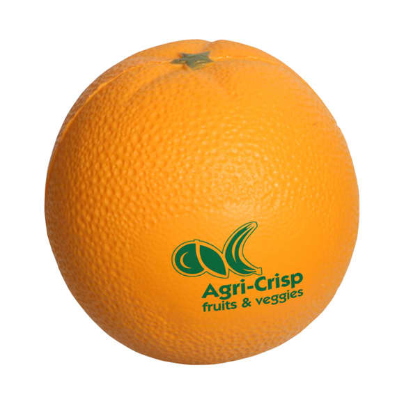 An orange-shaped stress reliever with a textured surface and a green logo on the side. Orange Shape Stress Reliever - Image 1