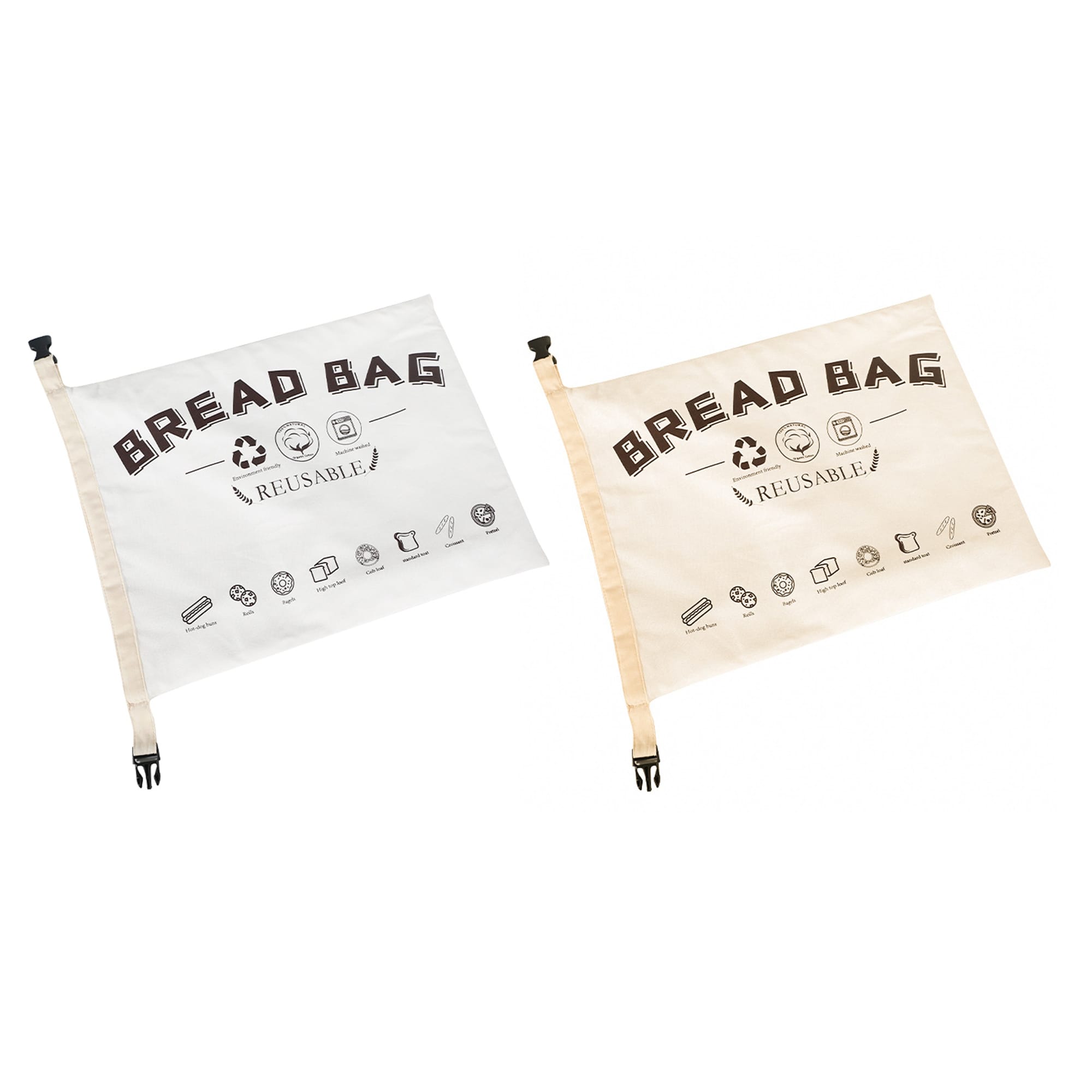 A reusable linen bread bag in cream and white, featuring a logo and various icons related to bread storage. Reusable Linen Bread Bag - Image 1
