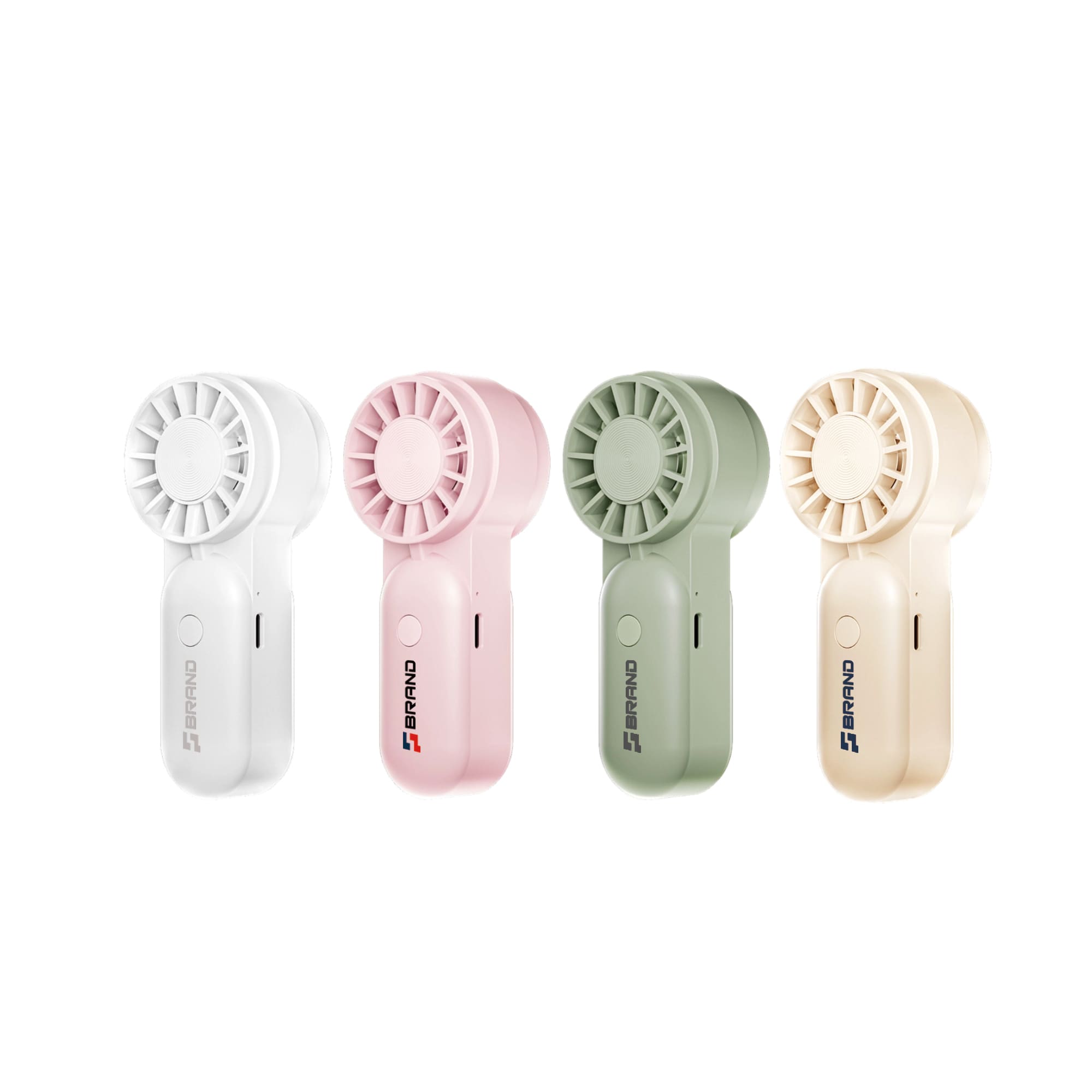 A set of four mini portable handheld fans in white, pink, green, and purple, featuring a simple design and a logo. Mini Portable Handheld Fan - Image 1