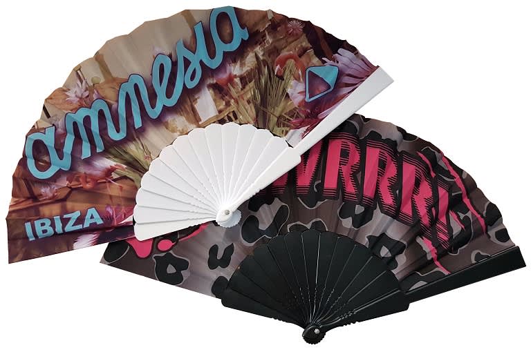 A selection of decorative folding fans featuring vibrant designs in pink, black, and multi-coloured patterns, with branding logos. Plastic/Fabric Folding Fan - Image 1