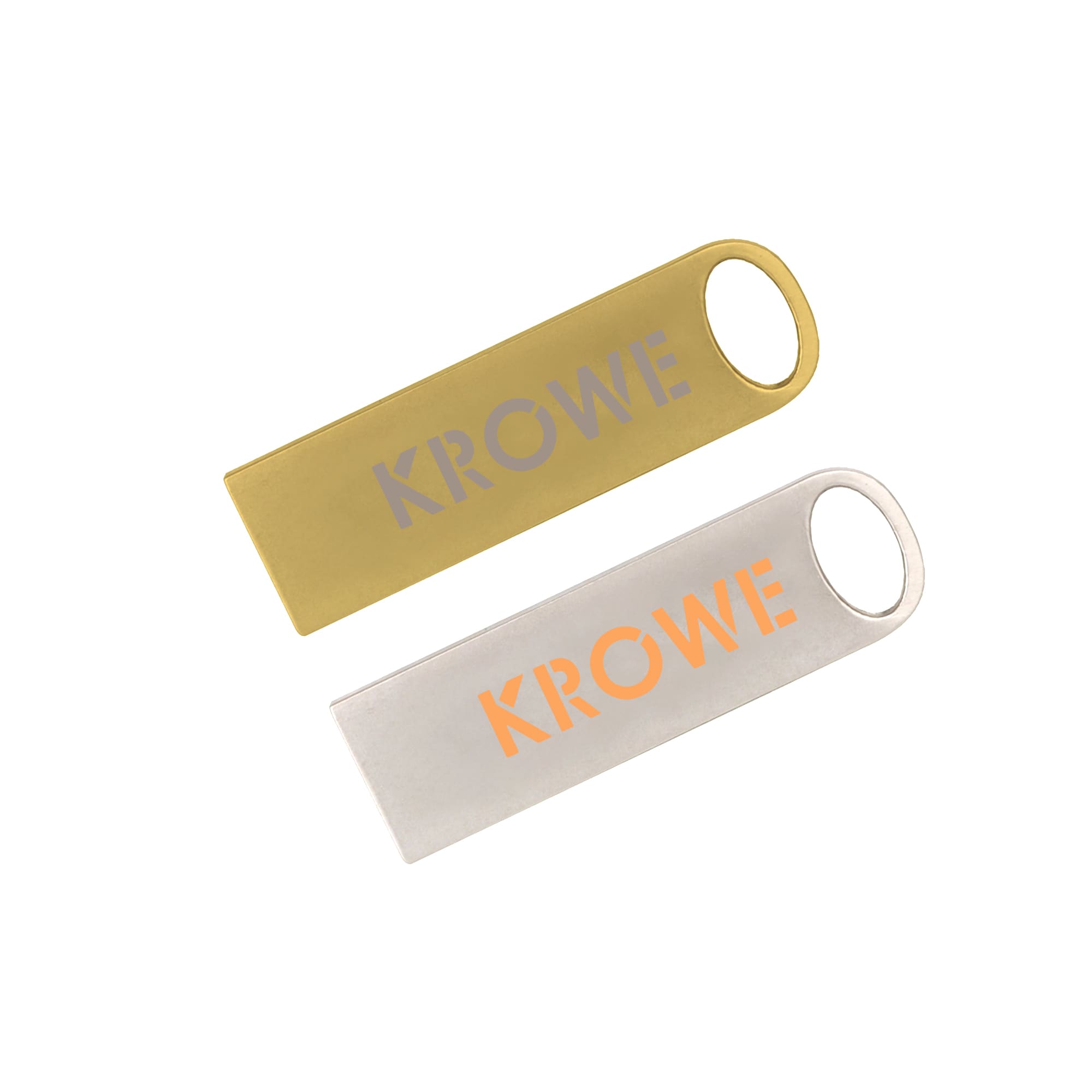 A pair of flash drives in gold and silver with a branding logo on each. Octans Flash Drive - Image 1