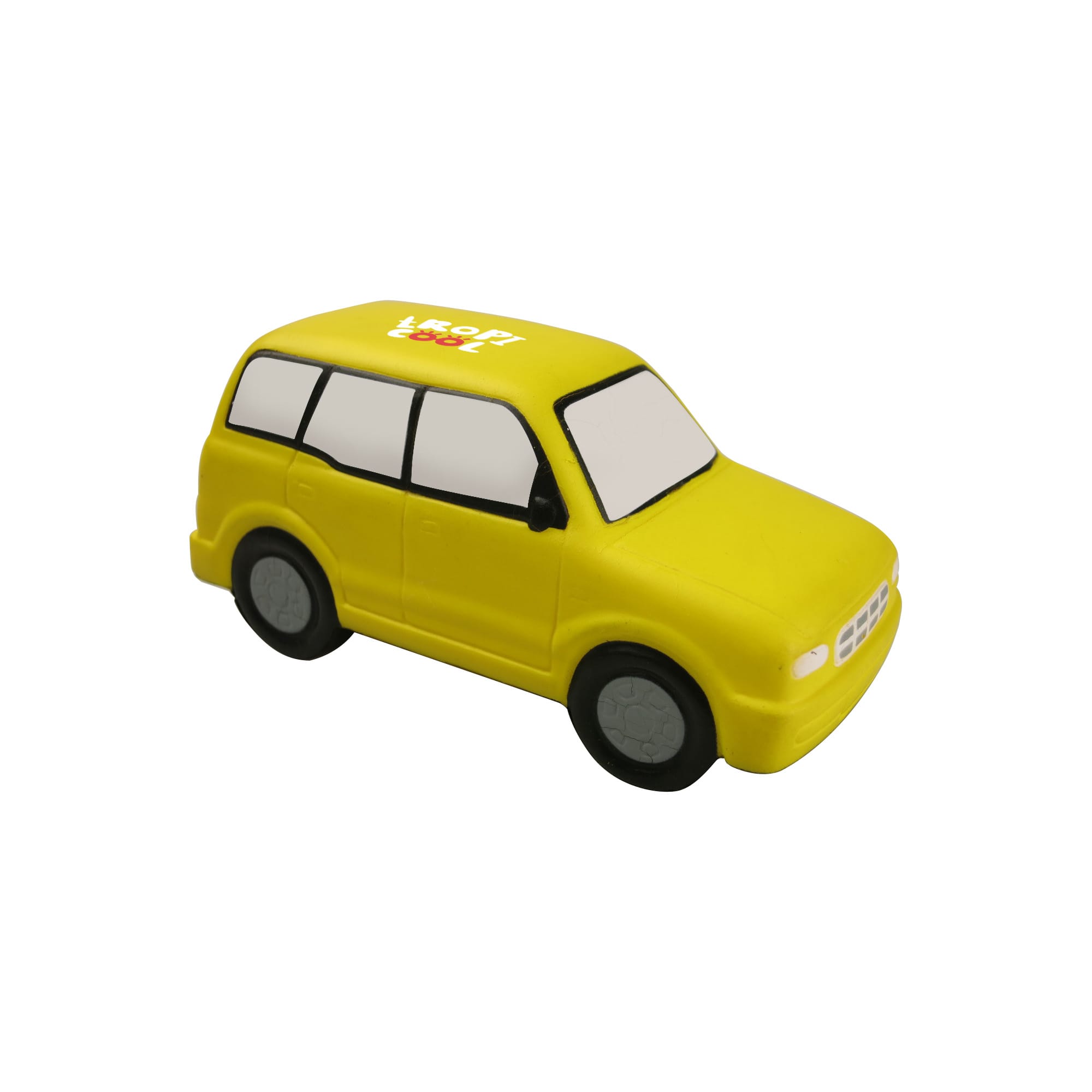 A yellow minibus-shaped stress reliever with black wheels and a logo on top. Minibus Shape Stress Reliever - Image 1