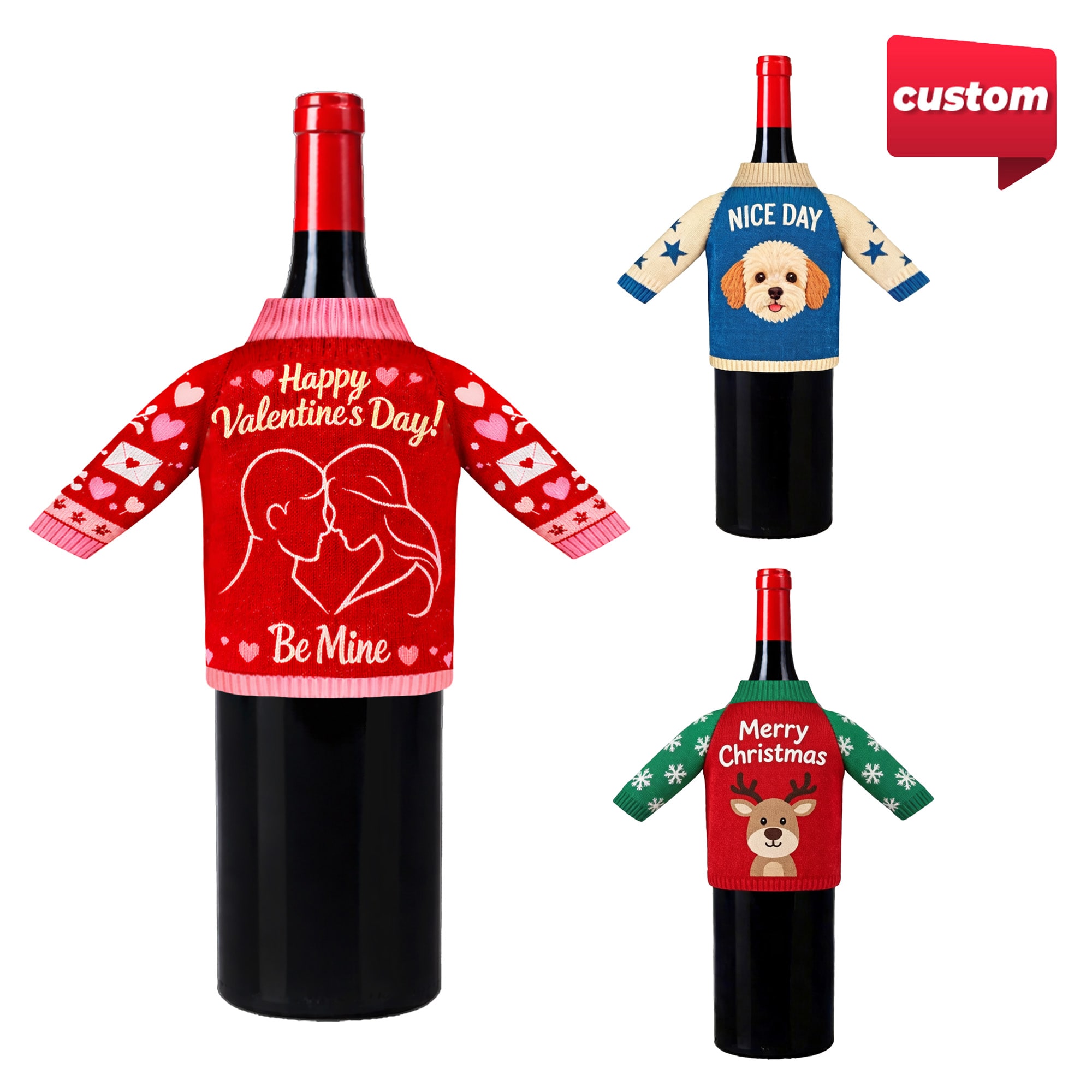 A drink bottle sleeve in red with Valentine's Day design, plus two other festive patterned sleeves in various colours. Custom Motif Wine Bottle Sleeve - Image 1
