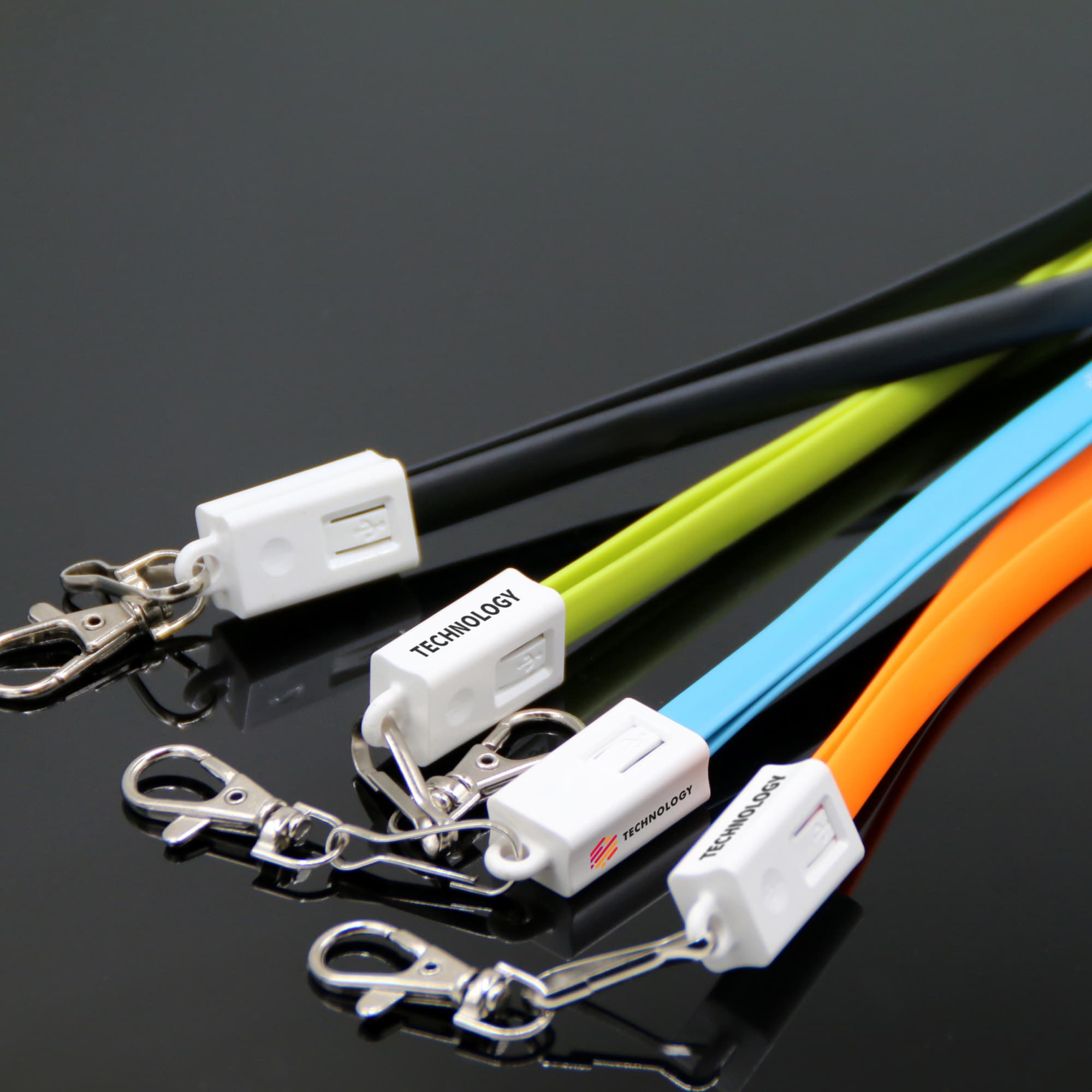 A set of TPE lanyard charging cables in black, lime green, blue, and orange, featuring clips and branding. TPE Lanyard Charging Cable - Image 1