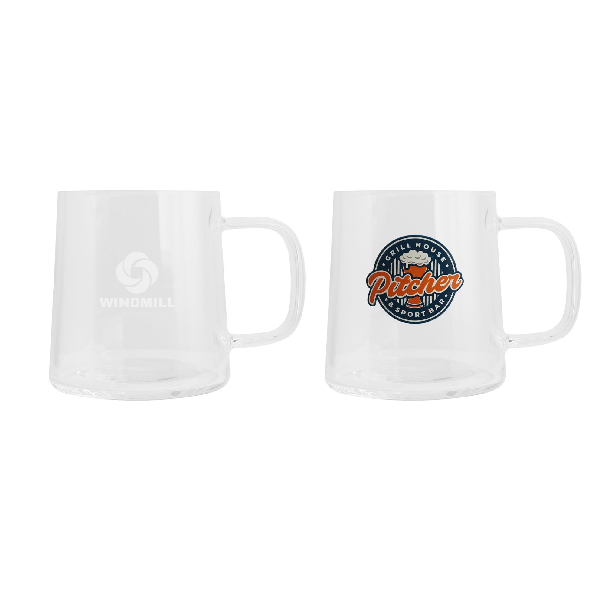 A clear glass mug with a handle, featuring a logo on one side. It showcases a simple, elegant design. Glass Mug - Image 1