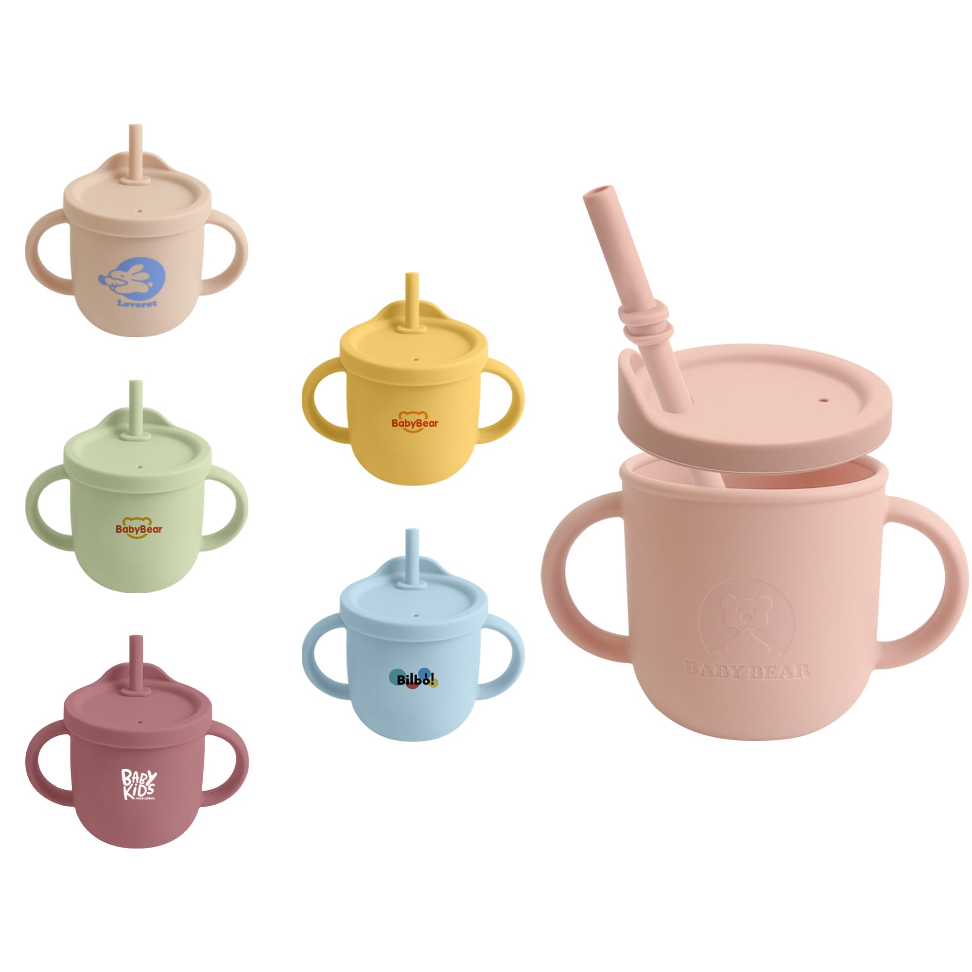 A drink bottle featuring a silicone design with multiple colours and a straw, suitable for kids. It includes various logos. Silicone Kids Sipper Cup - Image 1