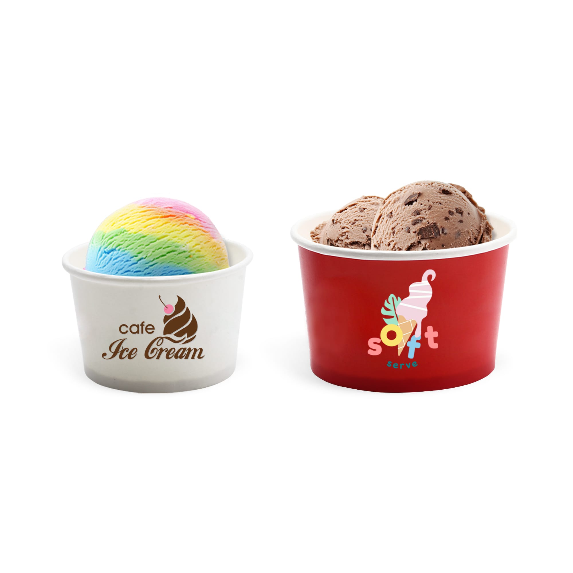 Two gelato cups in white and red, filled with rainbow and chocolate ice cream, featuring logos. Custom Gelato Cups - Image 1