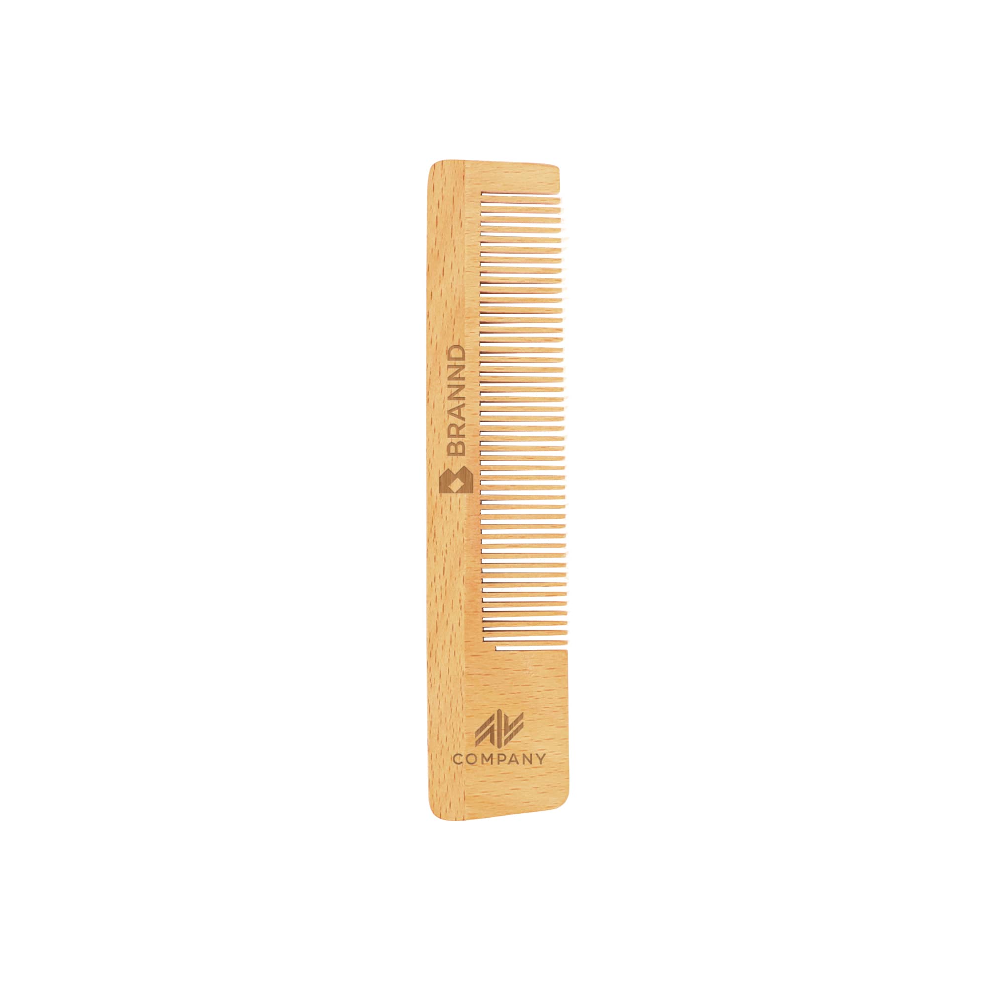 A short-handled beech wood comb featuring a light brown finish and engraved branding on the side. Short-Handled Beech Wood Comb - Image 1