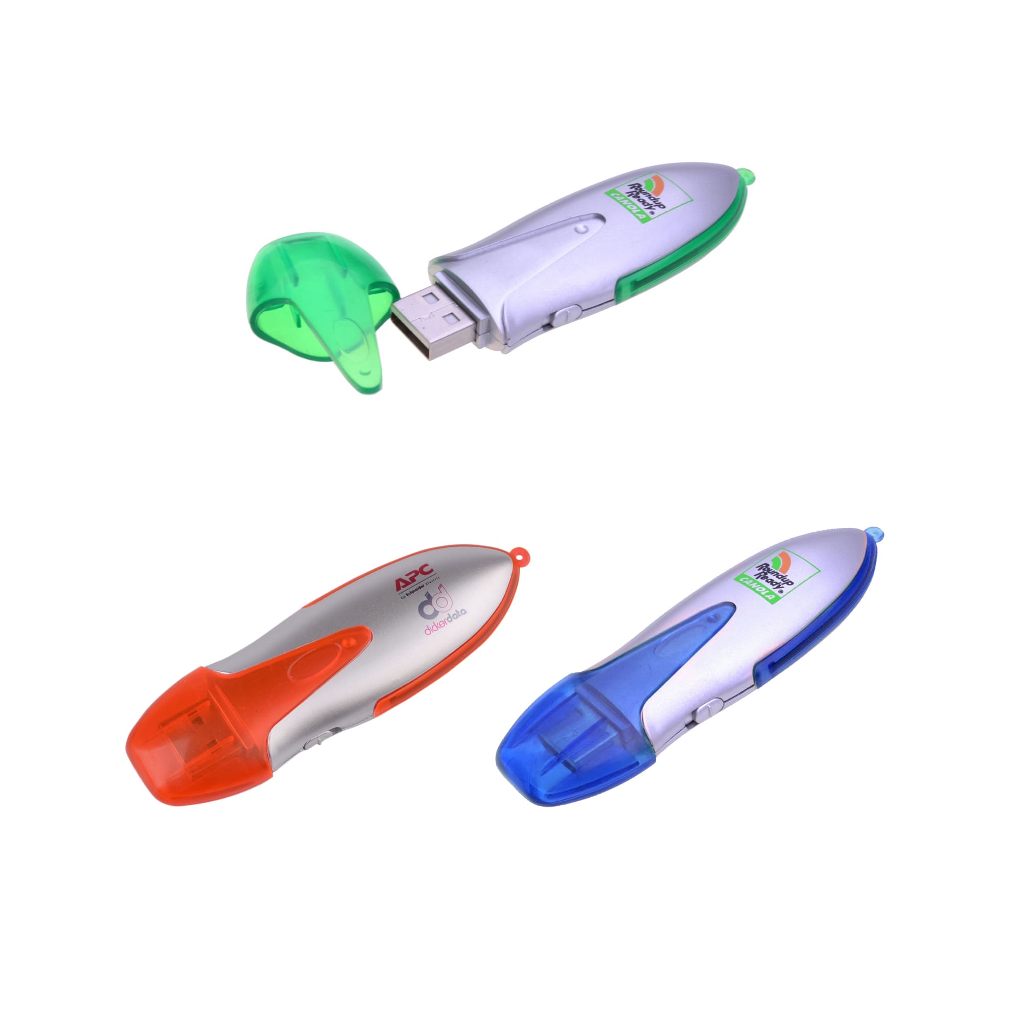 Three Hummel flash drives in green, orange, and blue, featuring a sleek design and a removable cap. Each has a logo. Hummel Flash Drive - Image 1