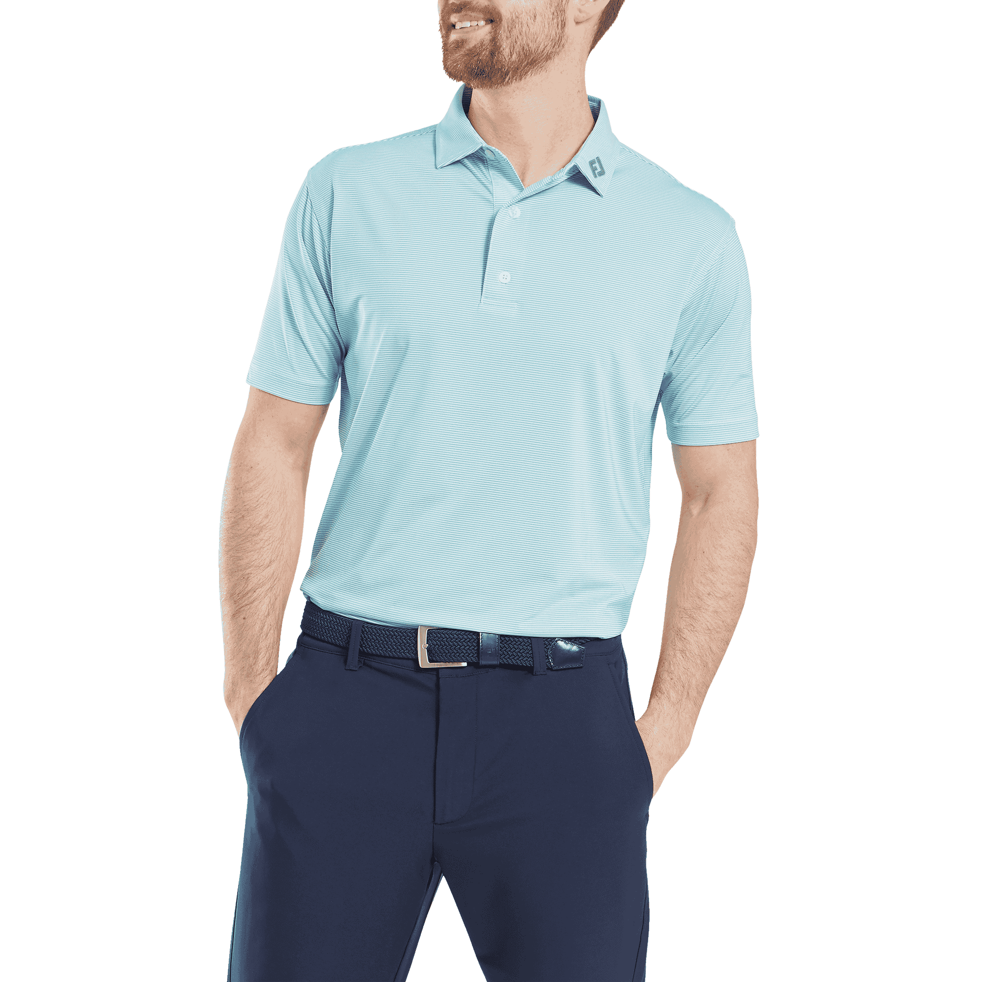 A light blue men's polo shirt with a collar, featuring a small logo, paired with dark trousers. Foot Joy Stretch Pique Lisle Micro Feeder Stripe - Men's - Image 1