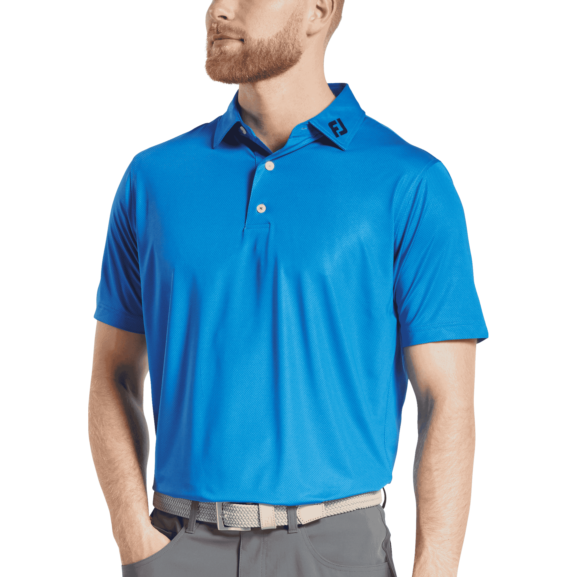 A men's blue polo shirt featuring a tonal dot print and a logo on the collar. Foot Joy Stretch Pique Lisle Tonal Dot Print - Men's - Image 1