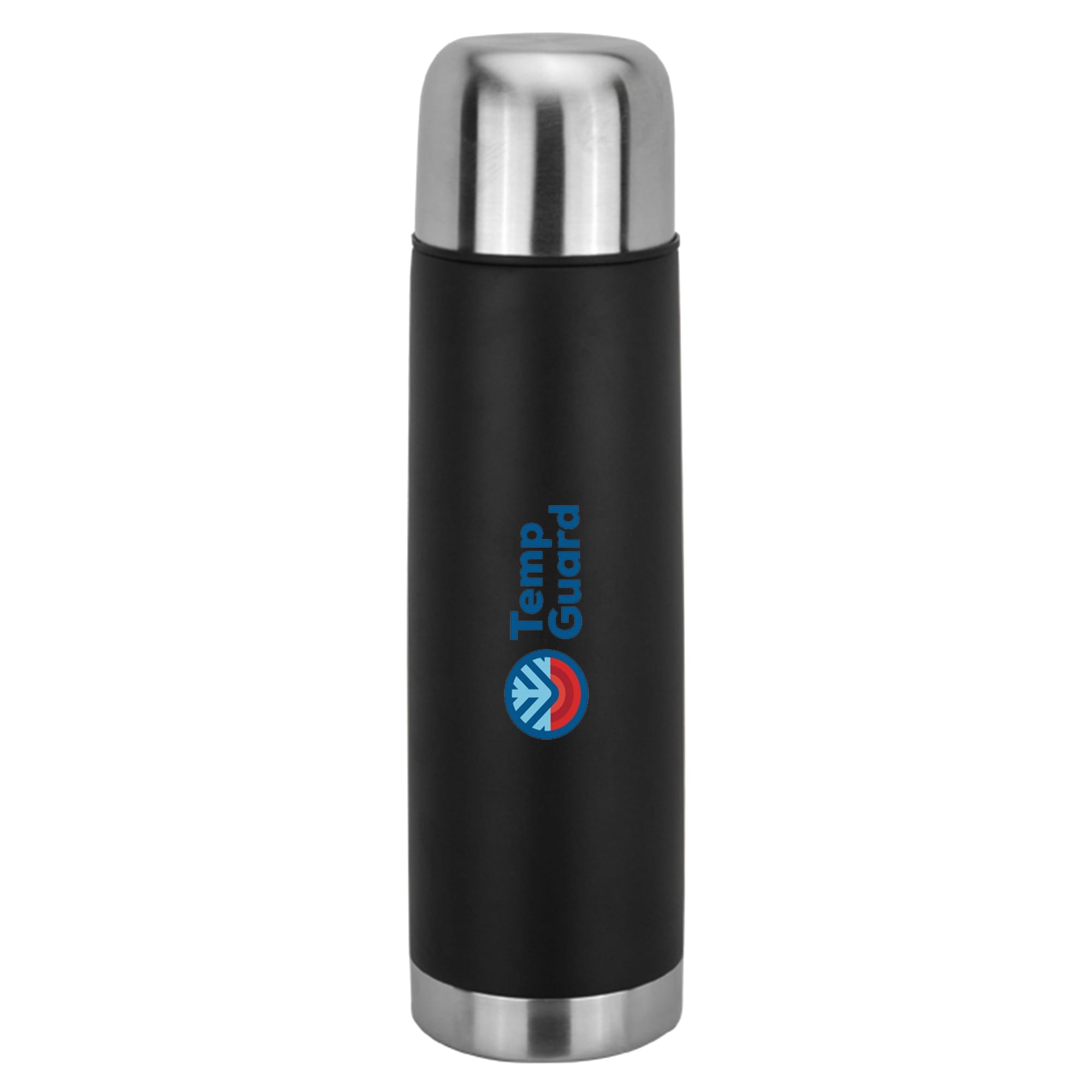 A drink bottle in black with a stainless steel top and a logo. It is designed for keeping beverages hot or cold. Compana Flask - Image 1