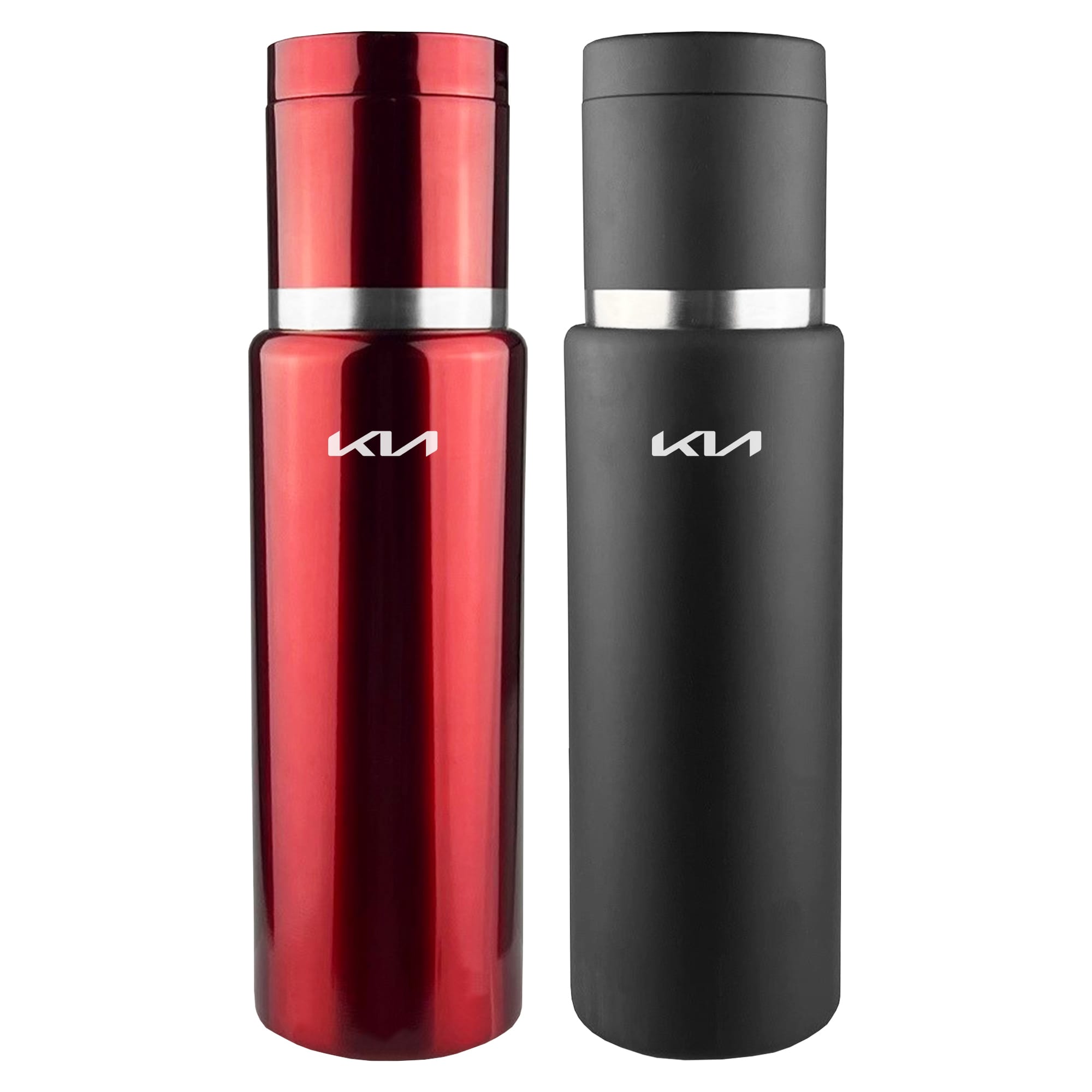 A drink bottle duo featuring a sleek red flask and a matte black flask, both with a logo on the body. Budan Flask - Image 1