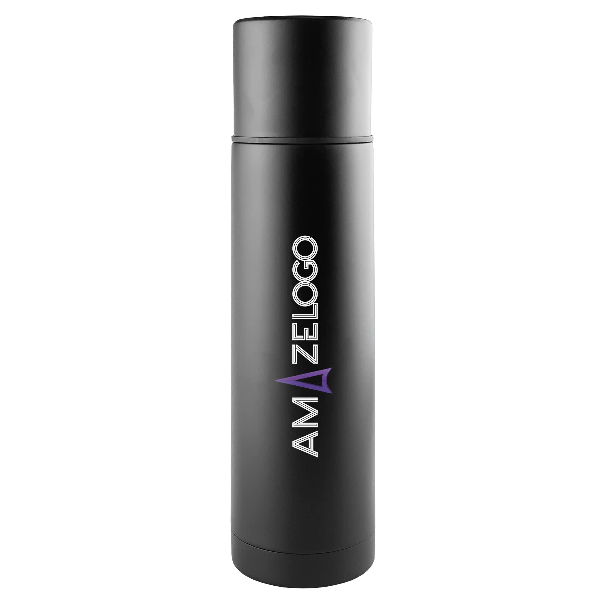 A drink bottle in sleek black with a branding logo, featuring a tall, cylindrical design for 500ml capacity. Seattle Flask 500ml - Image 1