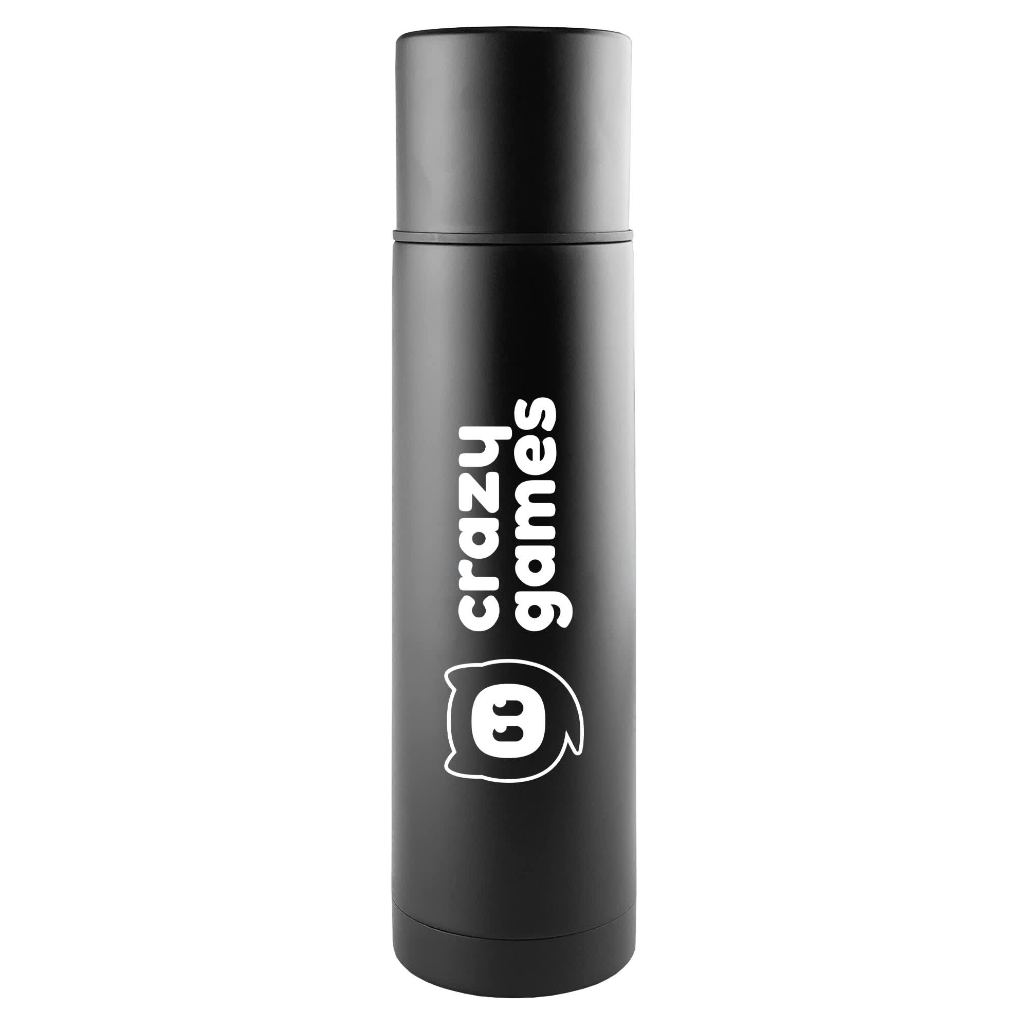 A drink bottle in black featuring a logo and a sleek, cylindrical design. Ideal for holding beverages. Seattle Flask 750ml - Image 1