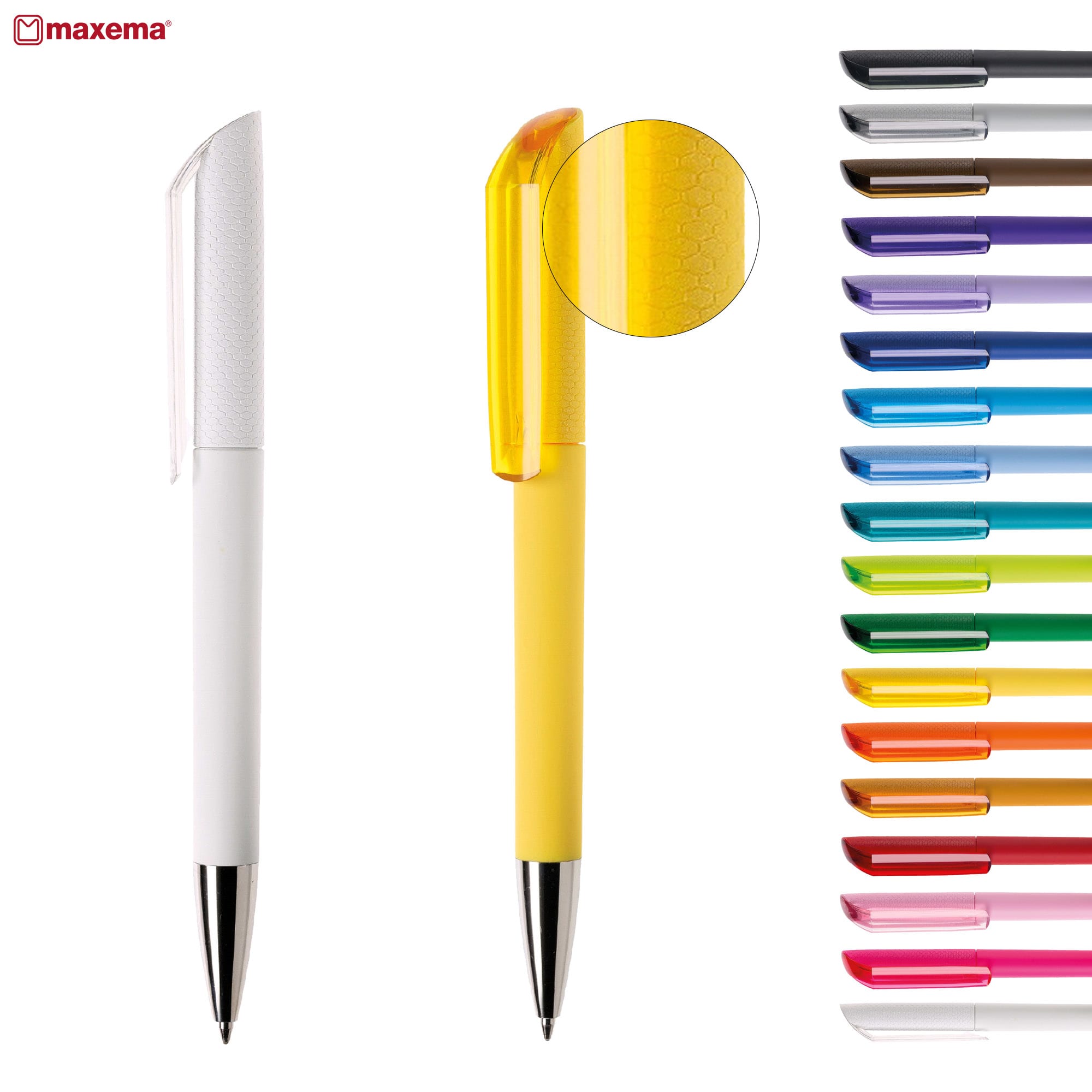 Two plastic pens in white and yellow, with a selection of various coloured pens in the background. Each pen has a logo. Flow 1T-GOM 30 - Image 1
