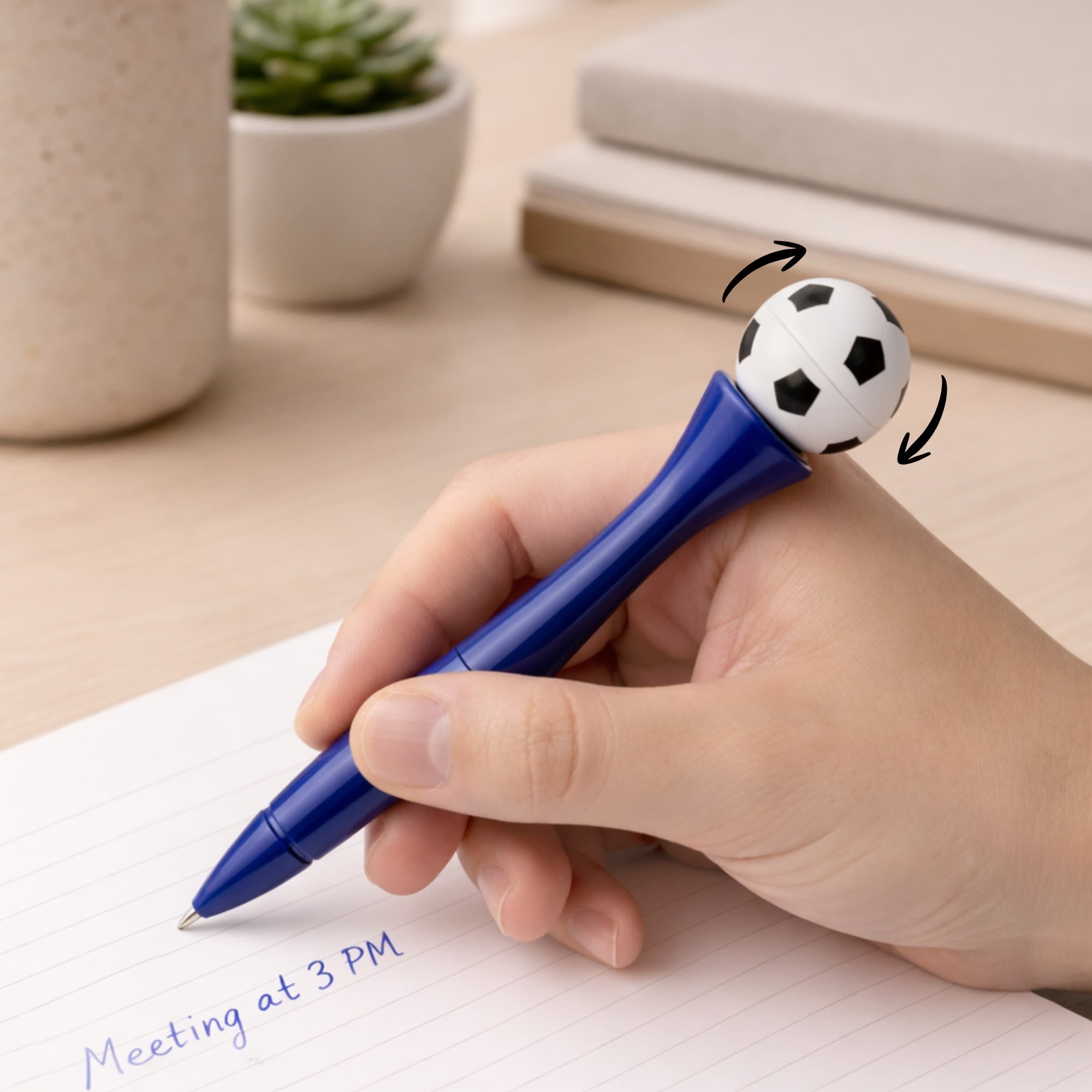 A blue pen with a spinning football on top, placed near a notebook and a small potted plant. Sport’s Ball Fidget Spinner Pen - Image 1