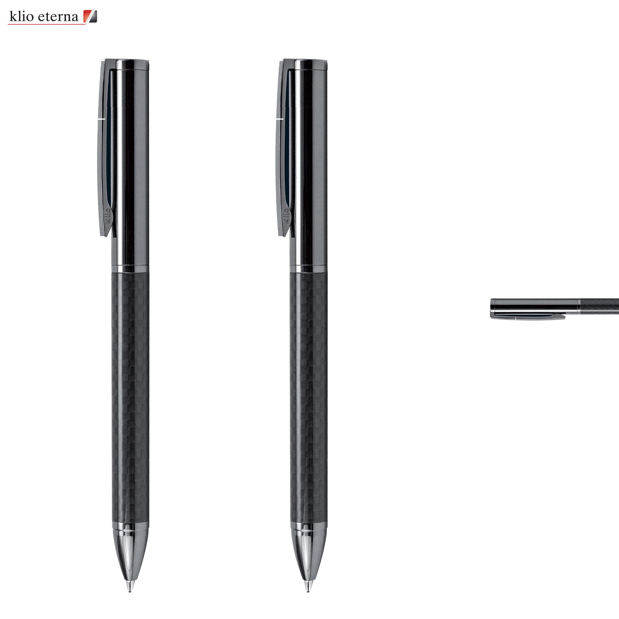 A grey-lead pencil with a carbon fibre design, featuring a silver clip and branding. Fusion Carbon Pencil - Image 1