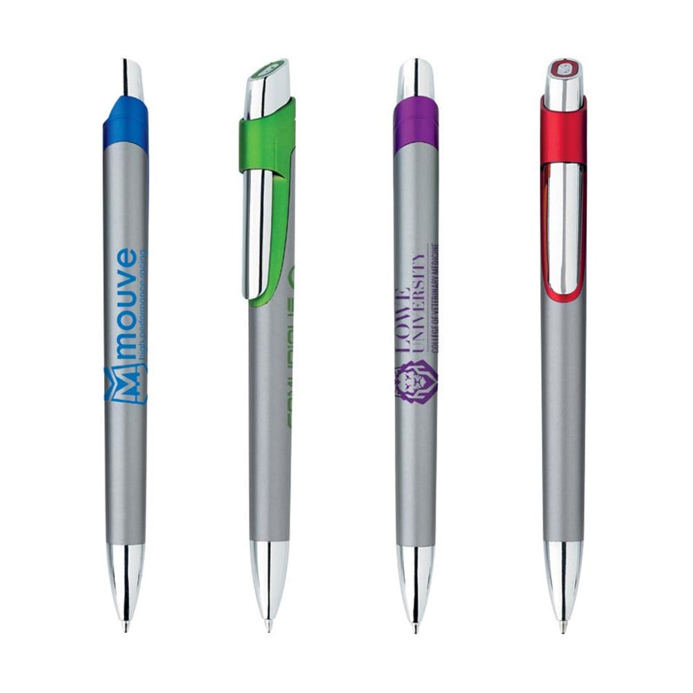 Four metal pens in silver and various colours with clips, featuring different logos. Myth Personalised Pen - Image 1