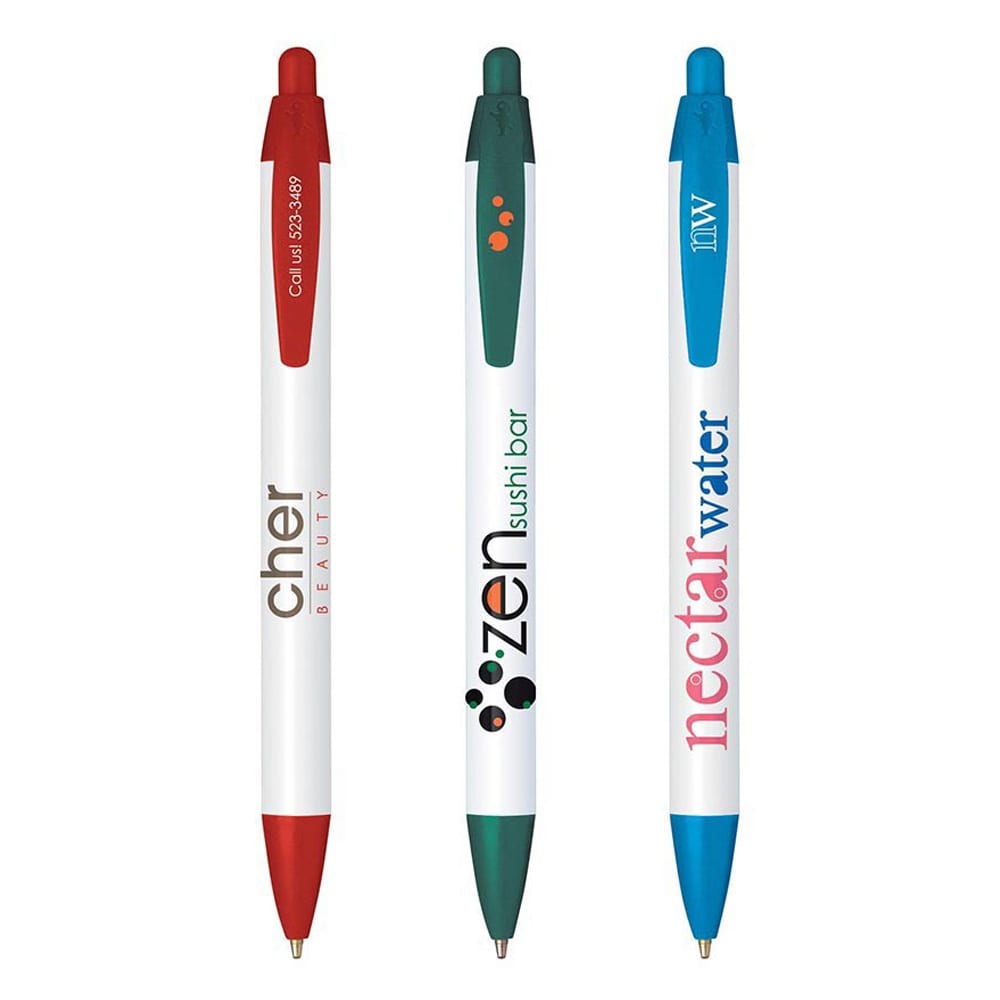 Three widebody custom pens in red, green, and blue, featuring branding on each pen and a white barrel. Widebody Custom Pen - Image 1