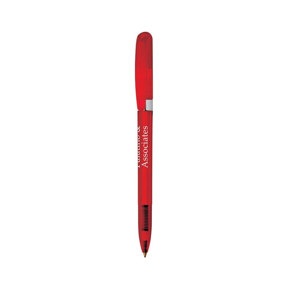 A red metal pen with a clear chrome grip and a clip, featuring branding on its body. Pivo Clear Chrome Pen - Image 1