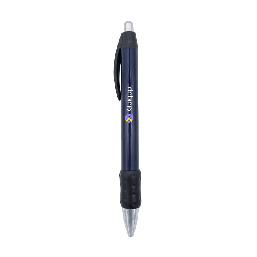 A metal pen featuring a chromed tip and navy blue body with a textured black grip, alongside a logo. Widebody Chrome Grip Pen - Image 1