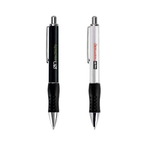 Two steel retractable pens displayed, one black with a green detail and one silver with a red detail, featuring grips. Steel Retractable Pen - Image 1
