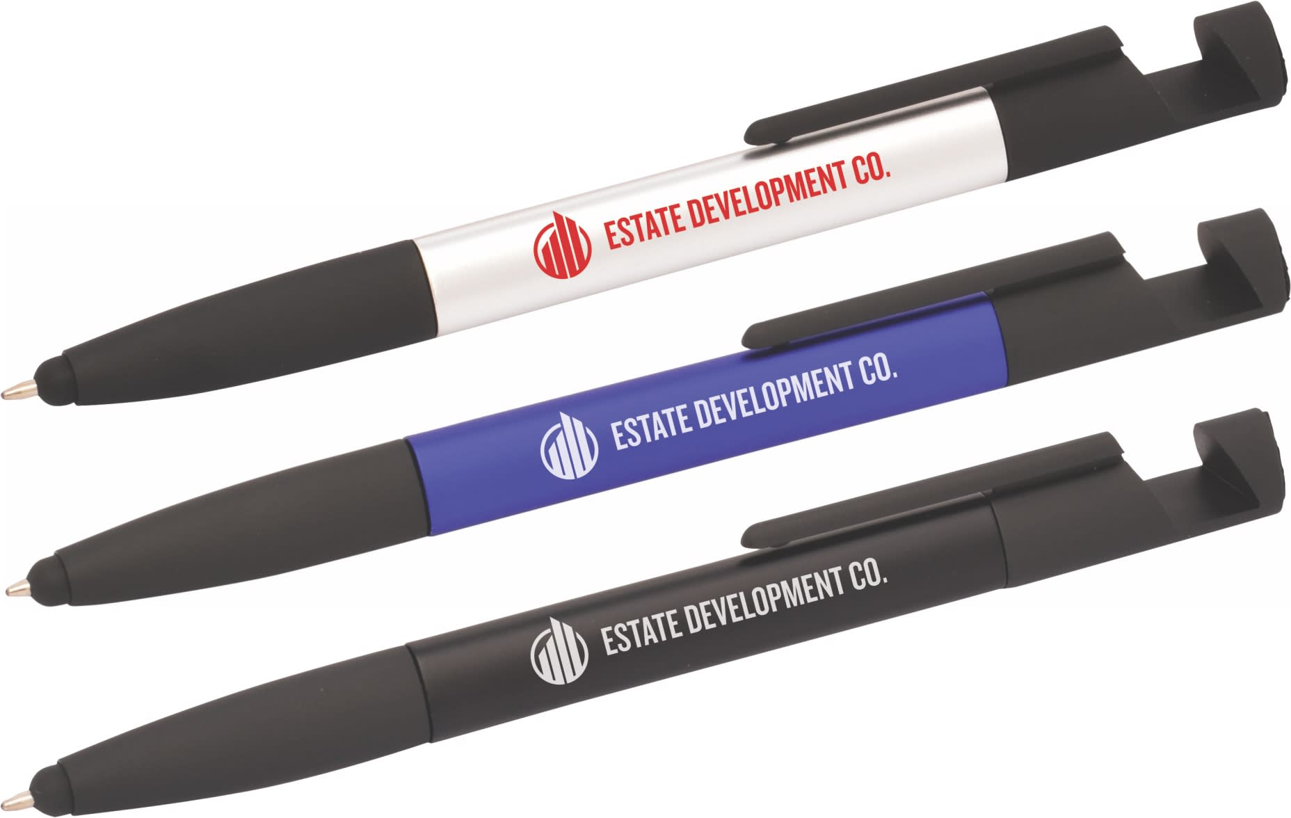 A 6-in-1 multi pen set featuring a silver, blue, and black pen, each with a logo on the barrel. 6-in-1 Multi Pen - Image 1