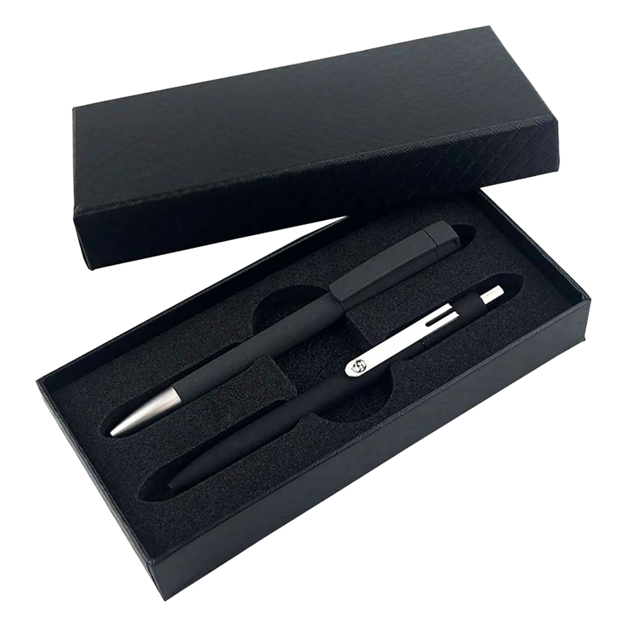 A black gift box containing a black pen and a silver pen, secured in foam padding. Tek Pen Gift Set - Image 1