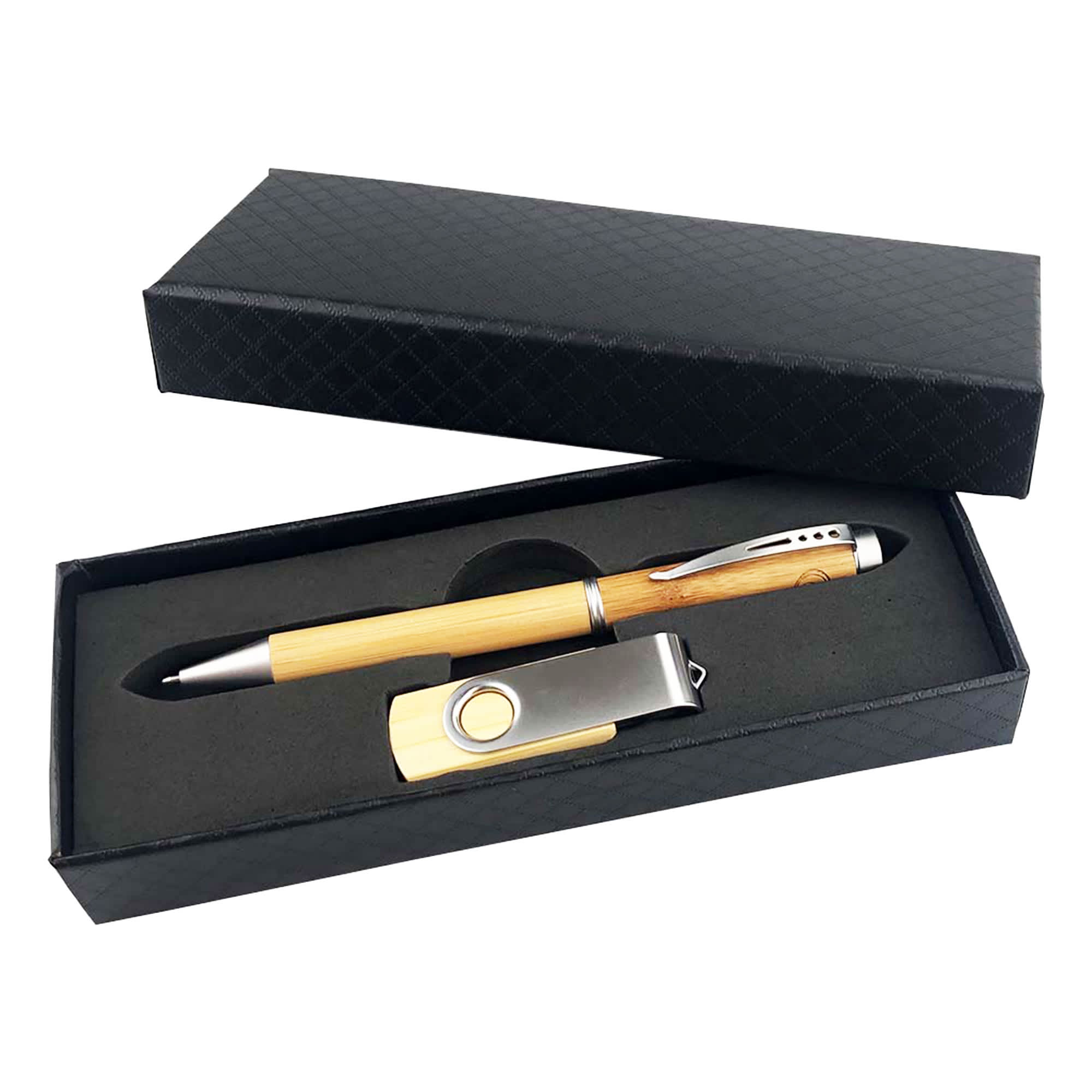 A black gift box containing a wooden pen and a silver USB drive, both neatly arranged inside. Dotti Gift Set - Image 1