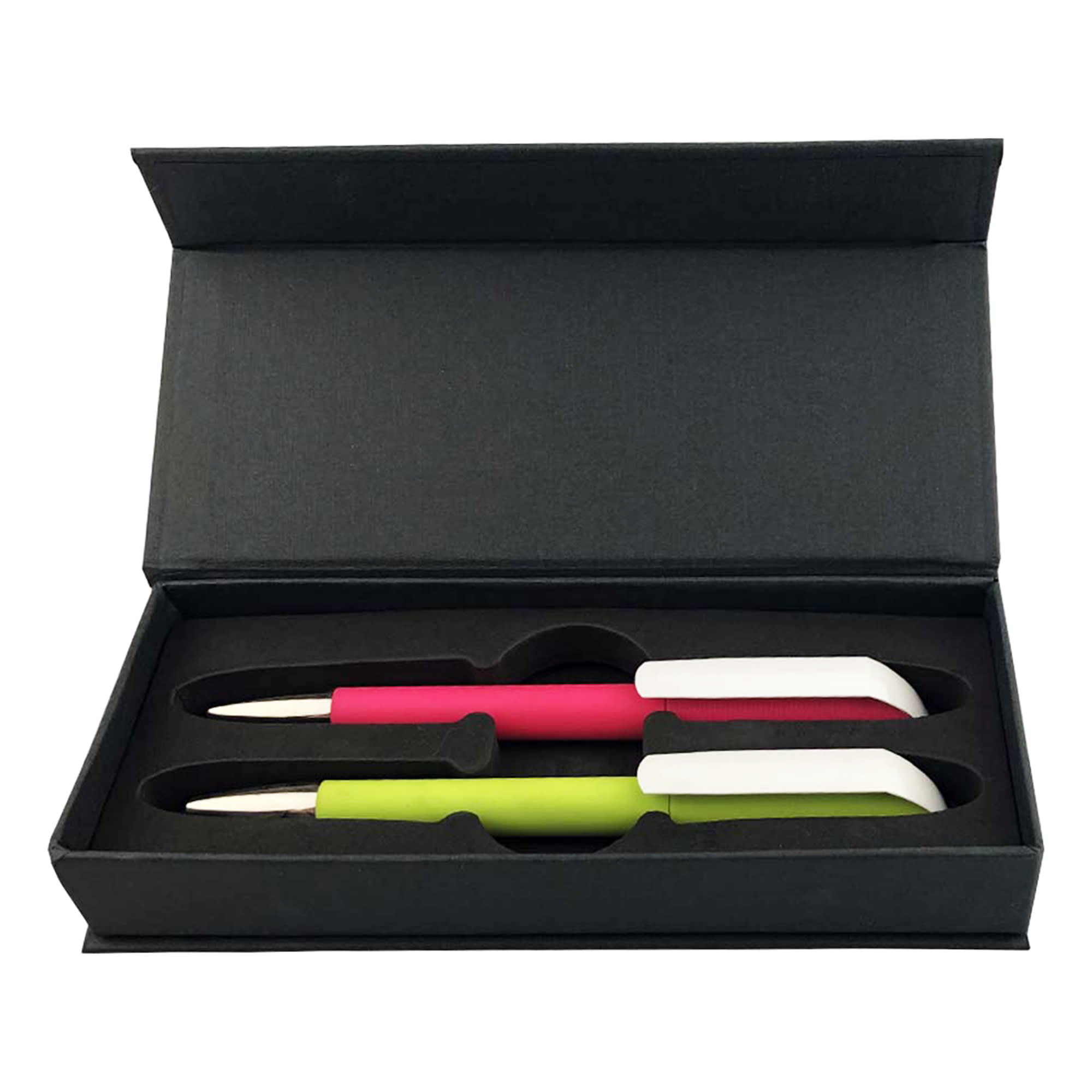 A gift box containing two plastic pens, one pink and one green, with a sleek black outer casing. FLOW Infinite Pen Gift Set - Image 1