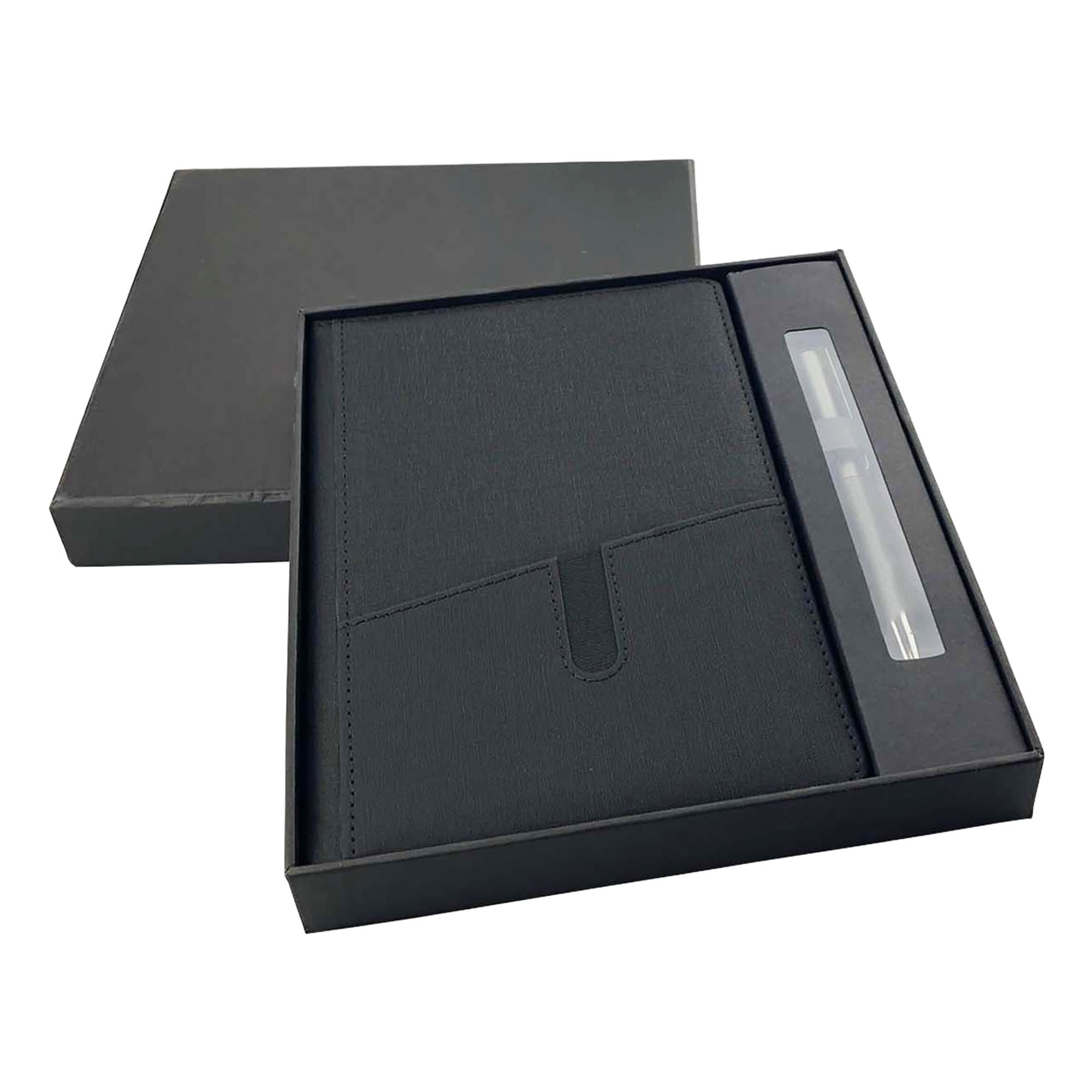 A black notebook with a pocket and a matching pen, packaged in a black gift box. Isaly Notebook and Pen Gift Set - Image 1
