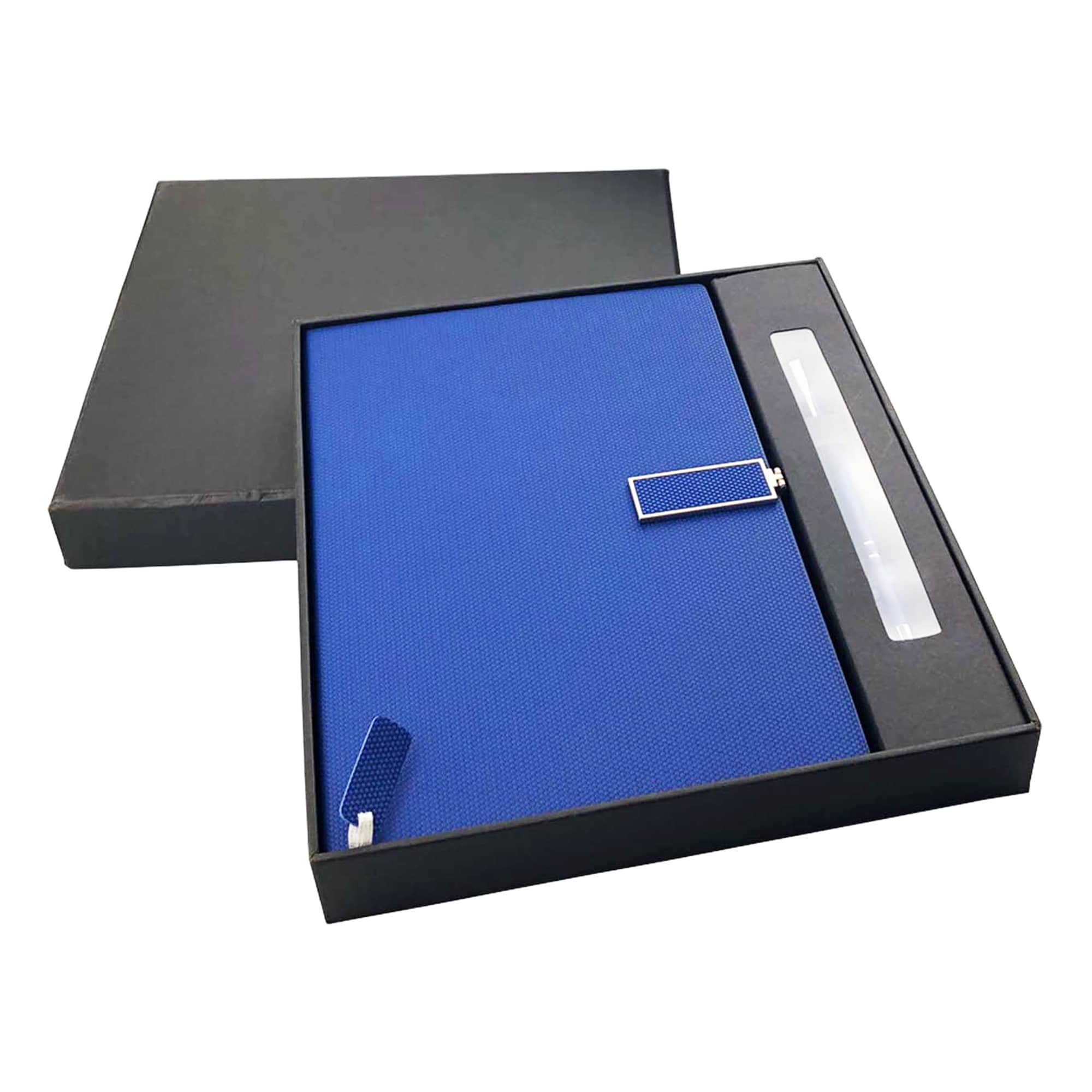 A blue notebook and pen set in a black gift box, featuring a stylish design and a logo. Century Noteook and Pen Gift Set - Image 1