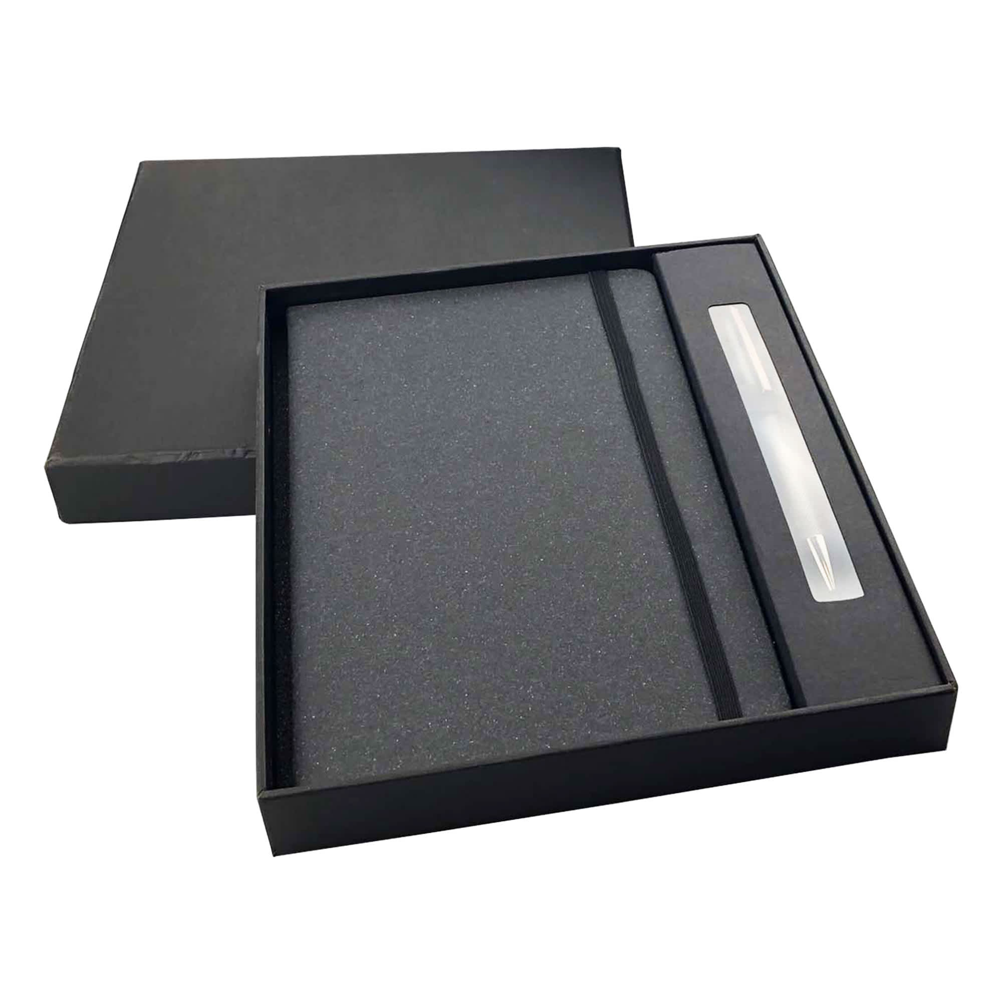 A black notebook and pen gift set presented in a black box with a sleek design. The notebook features a smooth cover. Xander Notebook and Pen Gift Set - Image 1