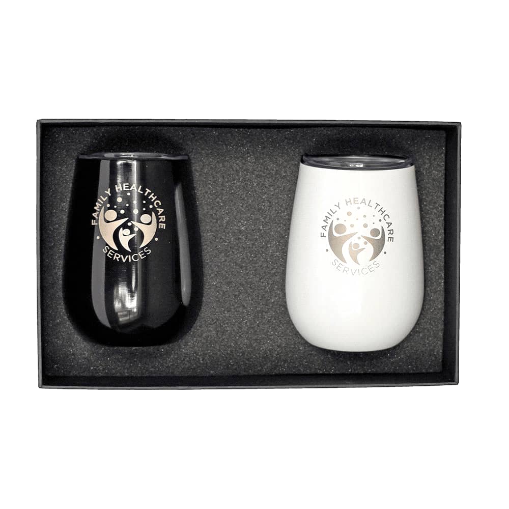 A drink cup giftset featuring a black and a white insulated cup, both with branding, in a gift box. Neo Insulated Cup Giftset - Image 1