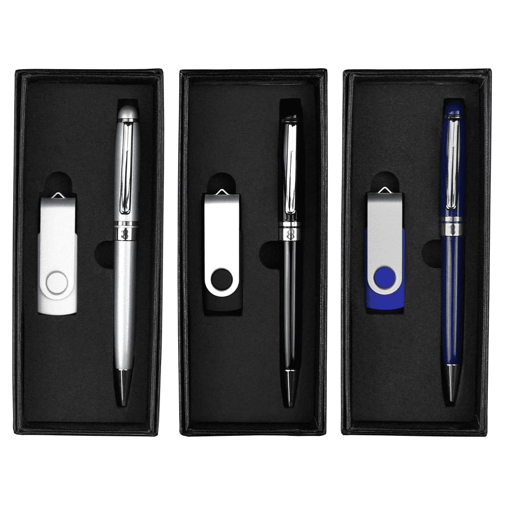 A gift set featuring three pens in silver, black, and blue, along with USB drives, all in elegant black packaging. Gift Set - USB In 8G + Pen - Image 1