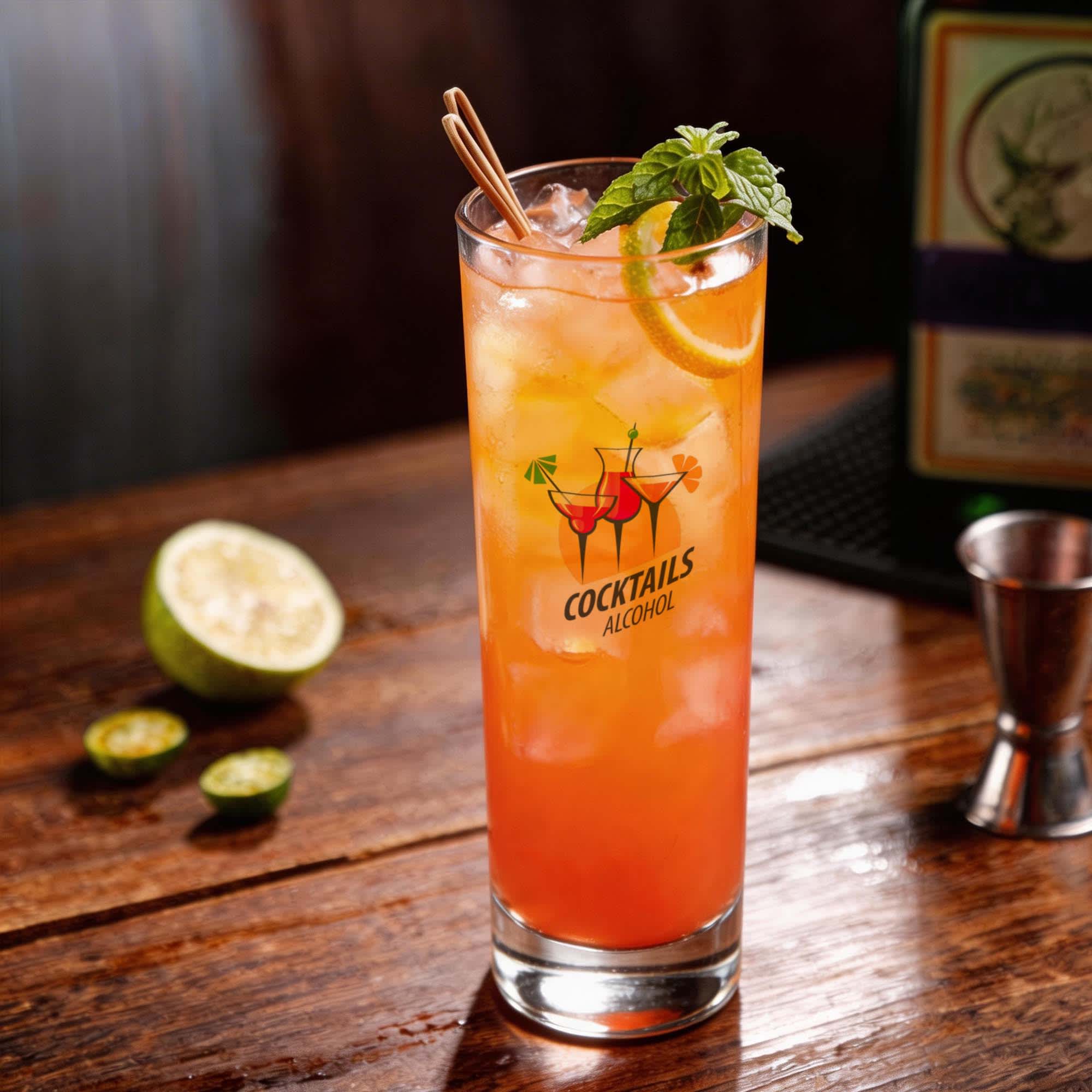 A glass tumbler filled with a colourful cocktail, garnished with mint and a lemon slice, on a wooden surface. Charvo Glass Tumbler 330ml - Image 1