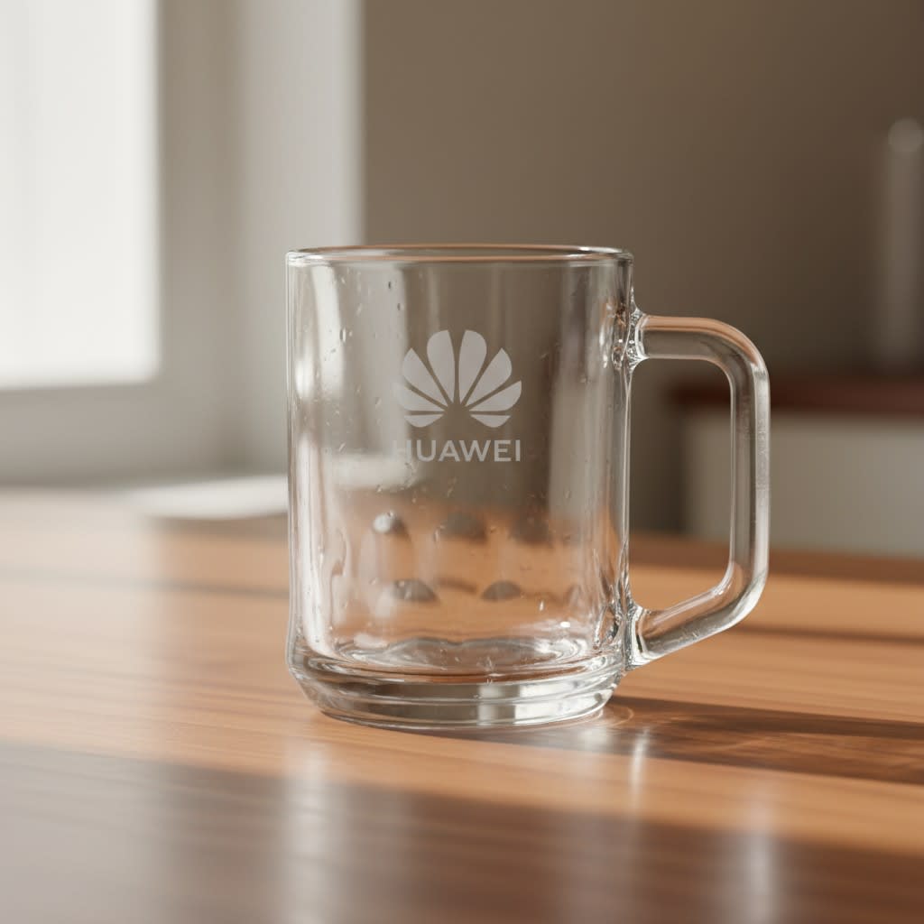 A glass mug with a handle, featuring a logo, placed on a wooden surface. Juliet Glass Mug 280ml - Image 1