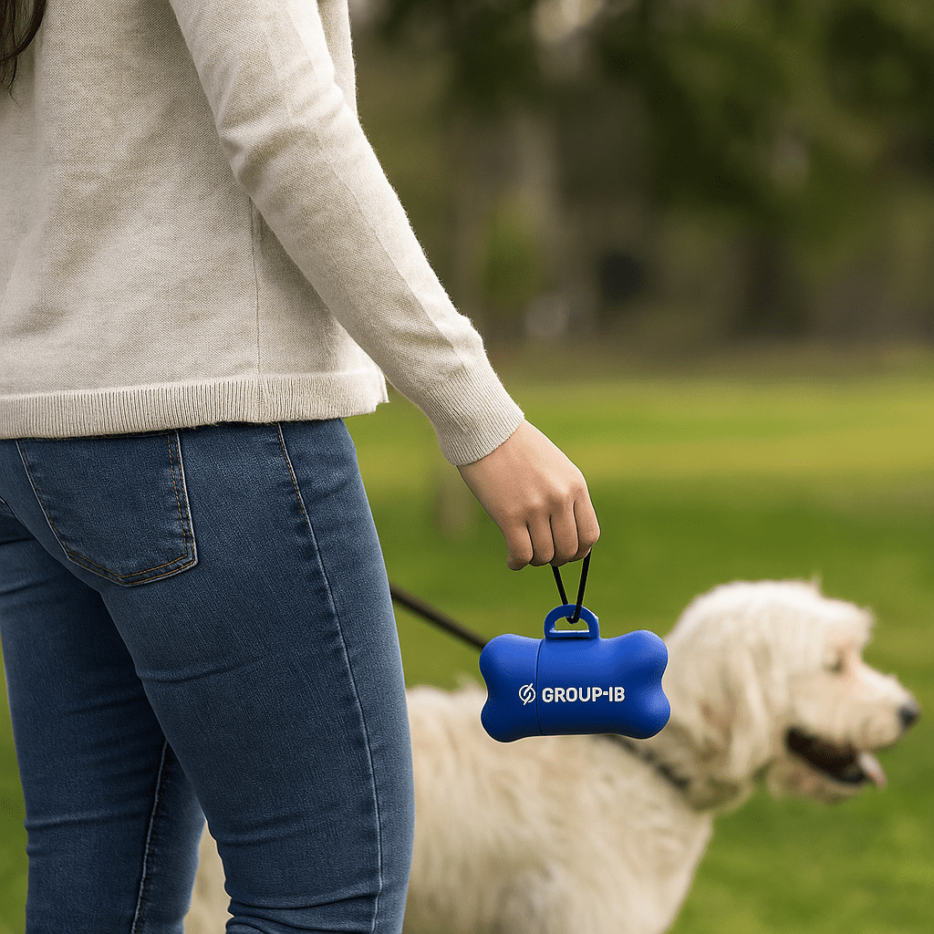 A blue dog waste bag dispenser shaped like a bone is held by a person walking a dog in a grassy park. Dog Waste Bag Dispenser - Image 1