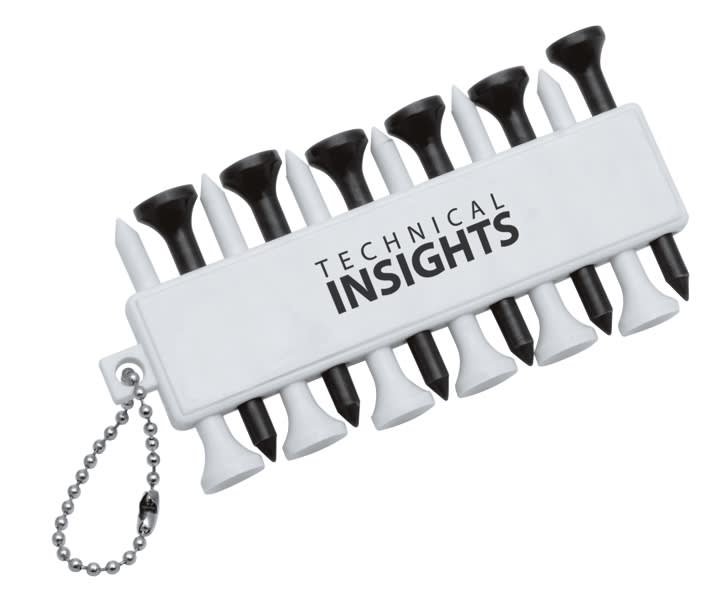 A white golf tee holder with black and white tees attached, featuring a branding logo. Fairway Golf Tee Holder - Image 1